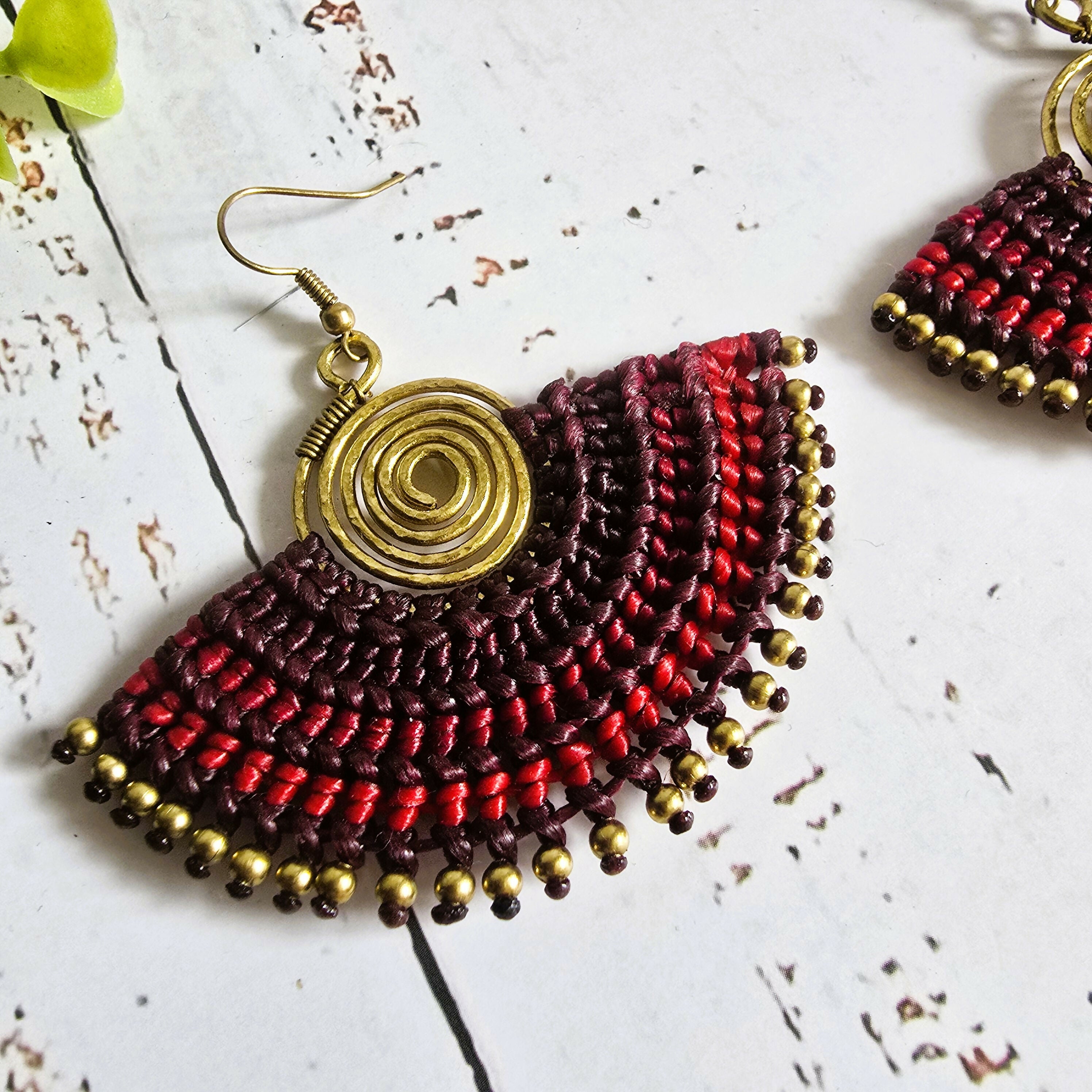 Red Macrame Fan Earrings; Statement Golden Spiral Wire-Art Thai Artisan Earrings