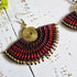 Red Macrame Fan Earrings; Statement Golden Spiral Wire-Art Thai Artisan Earrings