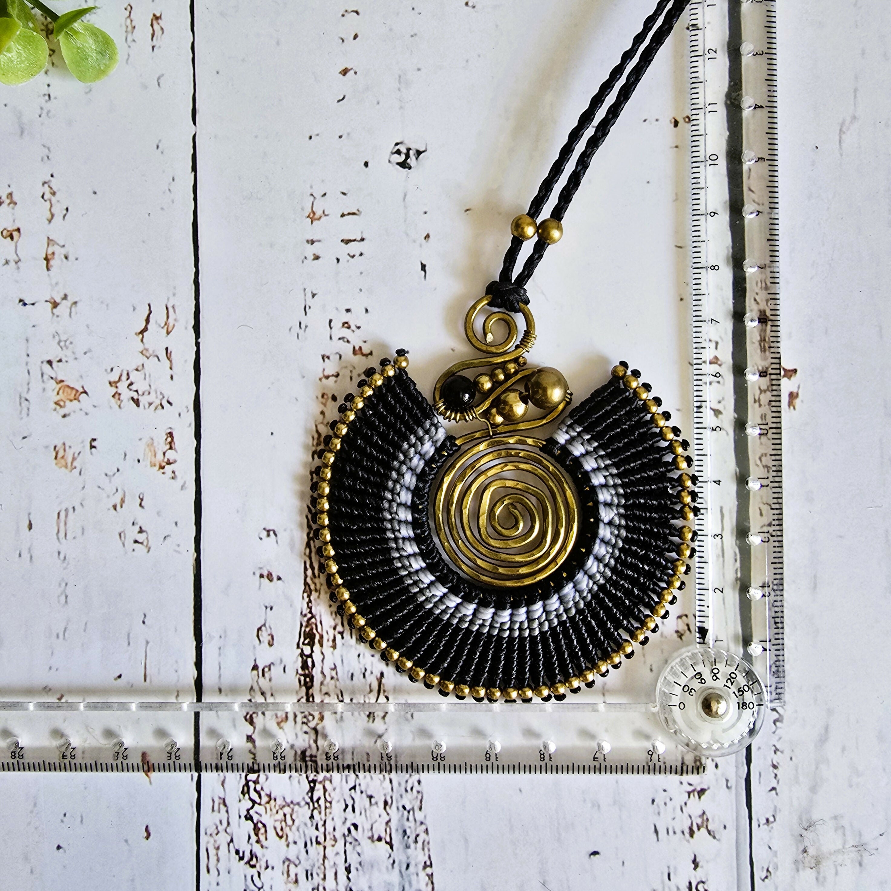 Black Agate Macramé Necklace; Full Moon Boho Statement Pendant with Gold Spiral