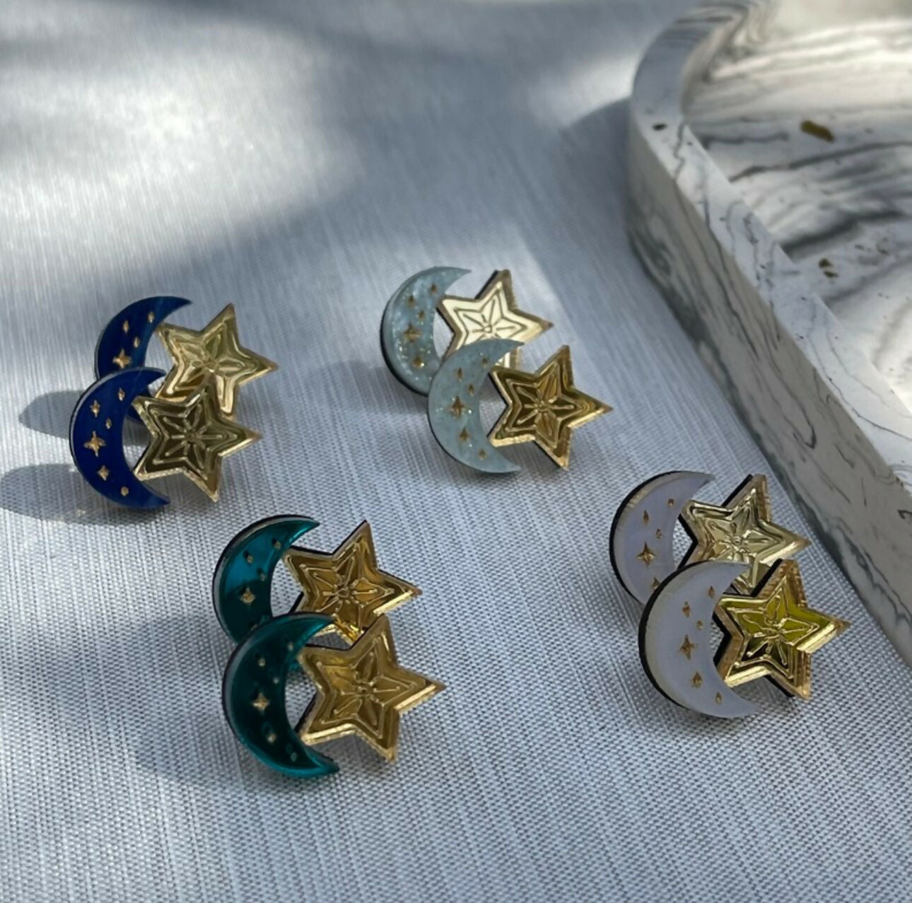 Celestial, Engraved, Moon And Star Stud