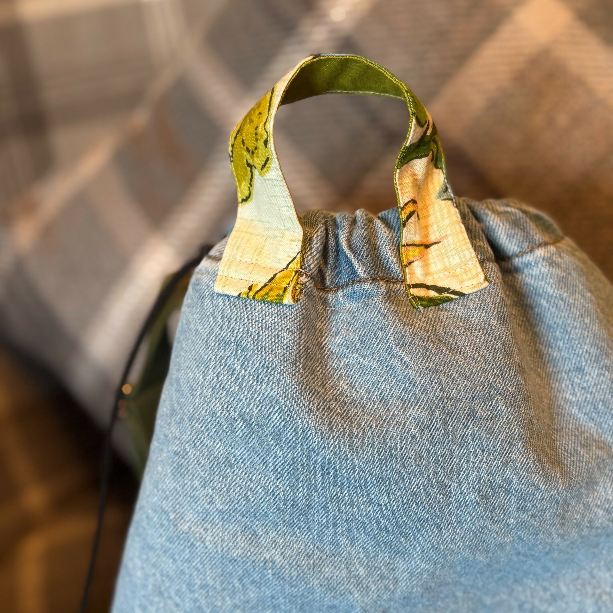 Unique Handcrafted Denim Drawstring Barrel Bag Made From Upcycled Jeans