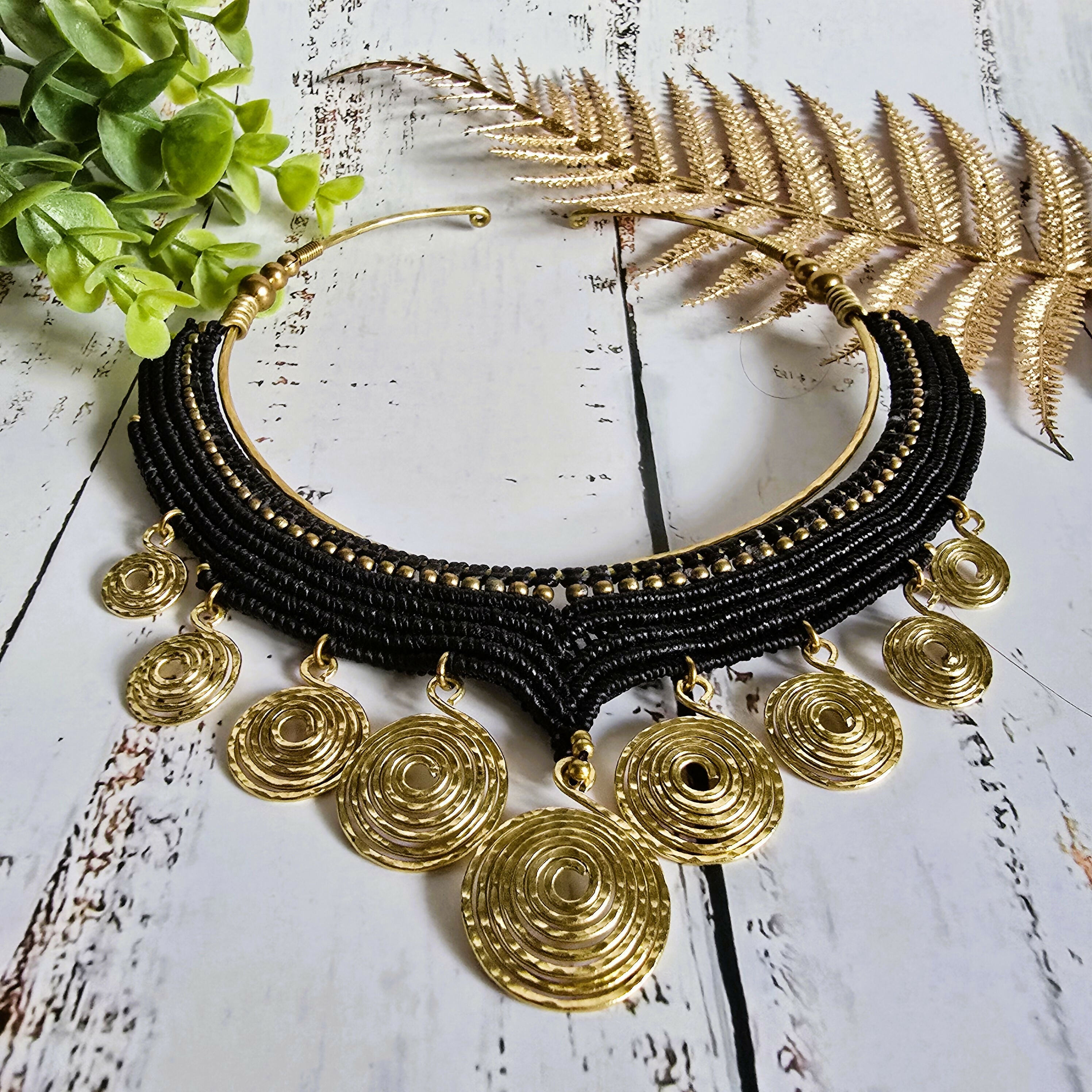 Black Macrame & Gold Brass Wire Spiral Choker; Egyptian Queen Tribal Statement Thai Jewellery