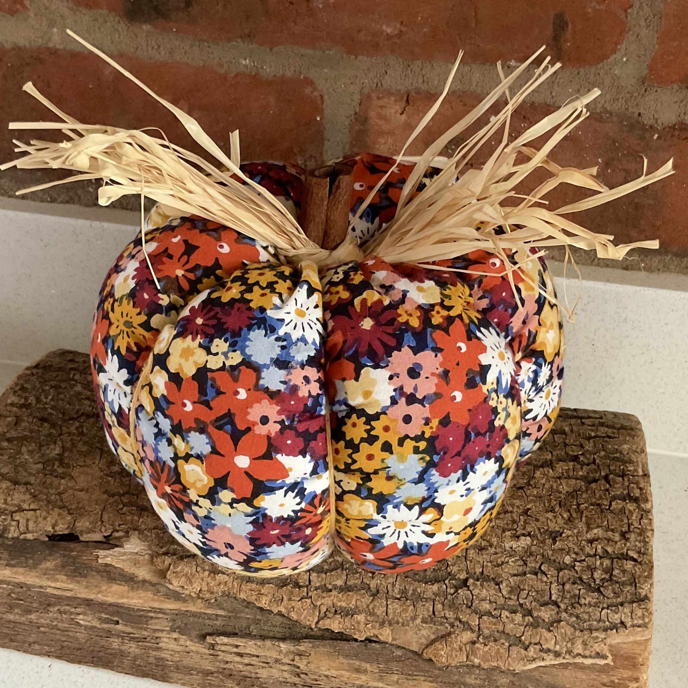 Rustic Floral Fabric Pumpkin Decoration, Handmade Autumn Ornament