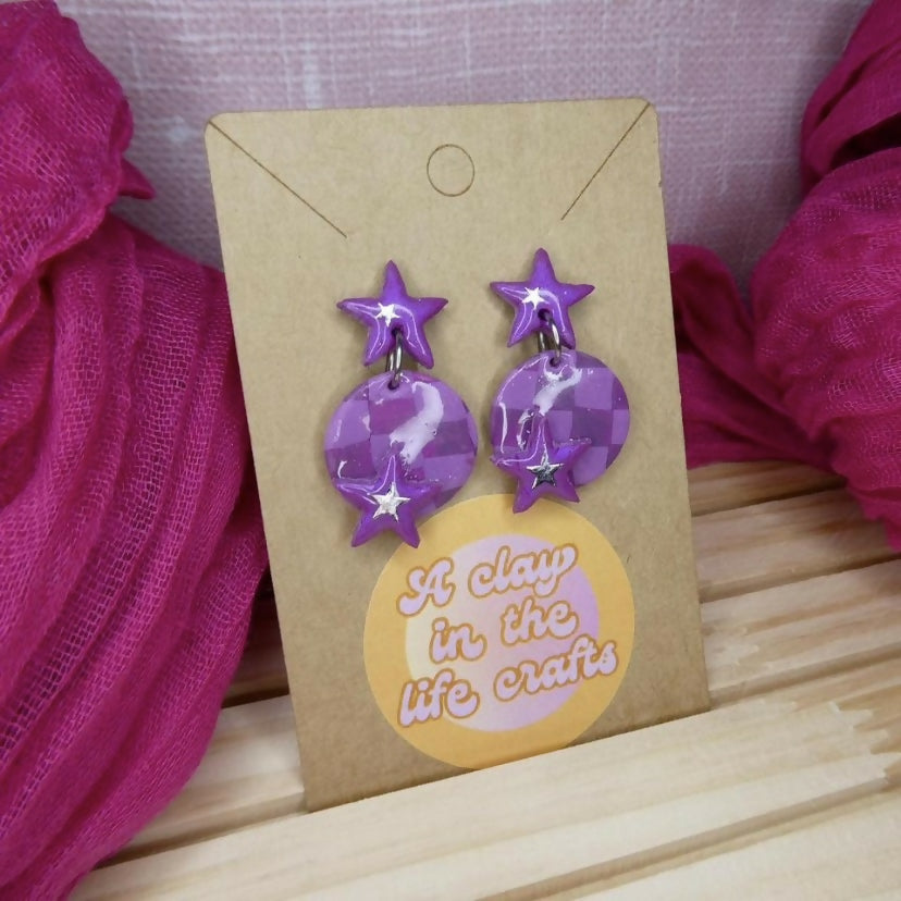 Purple Disco Ball Polymer Clay Earrings With Star Detail