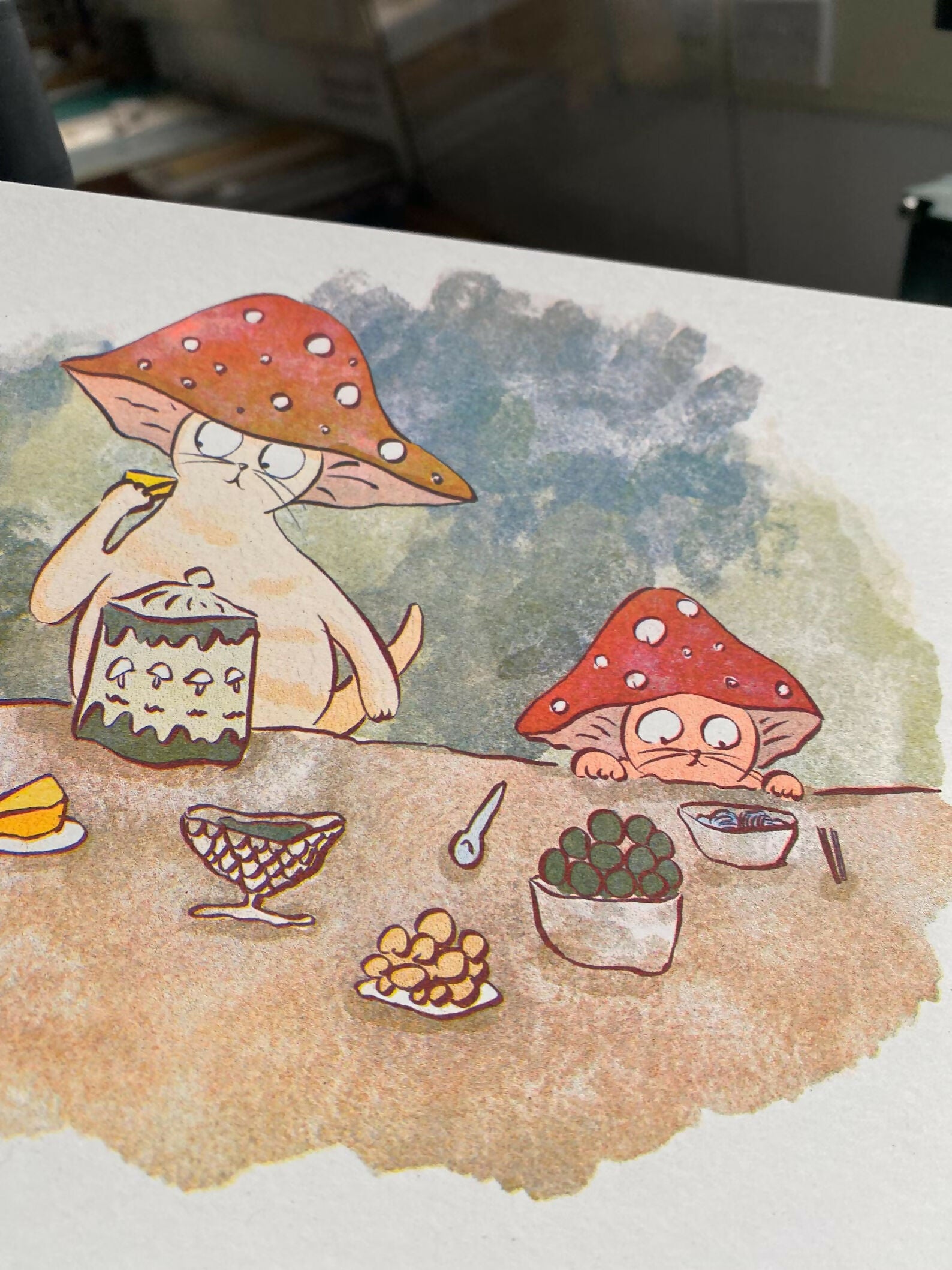 Mushroom Cats Riso Print