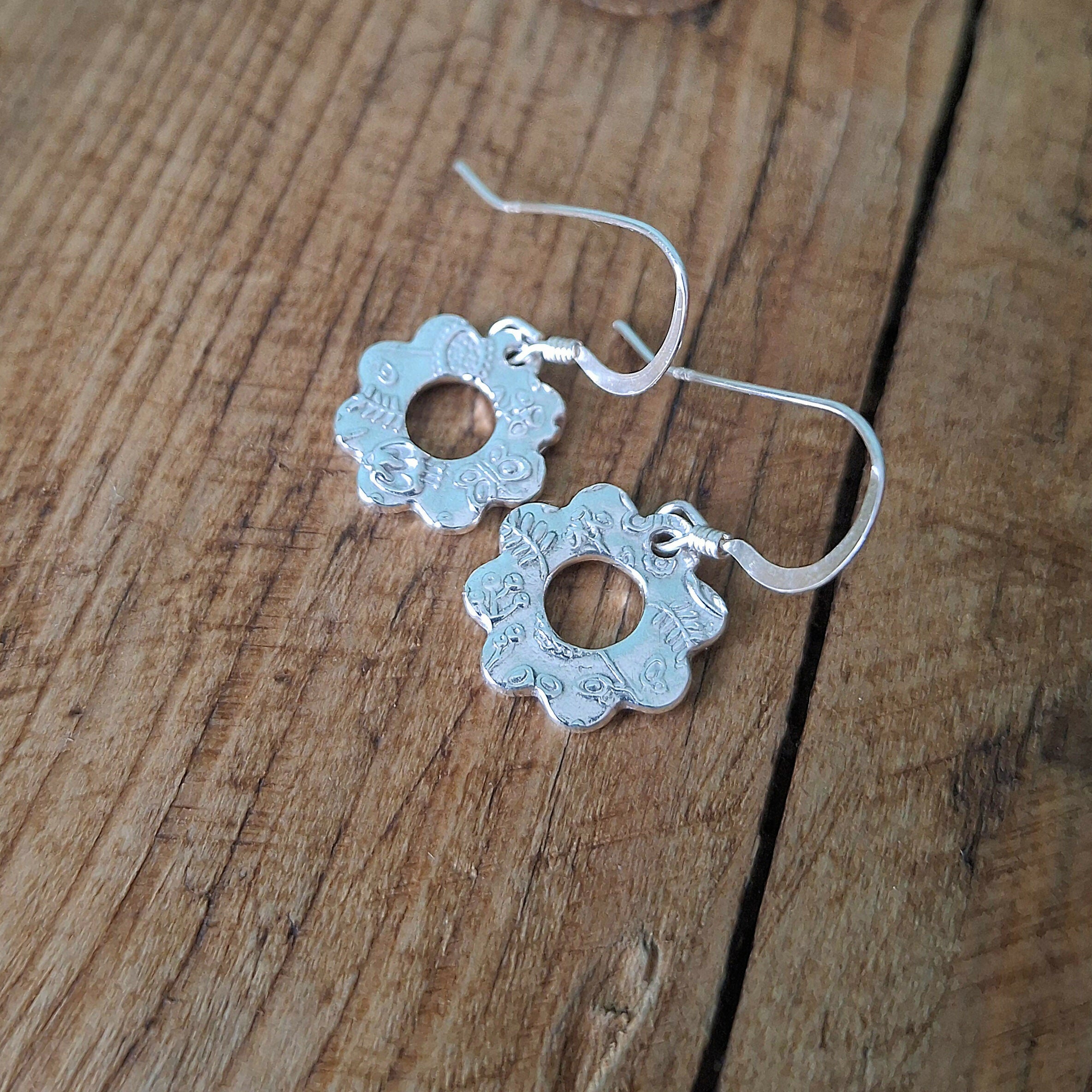 Handmade Silver Flower Earrings Botanical Texture