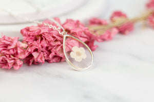 White Baby’s Breath Teardrop Necklace Silver Plated