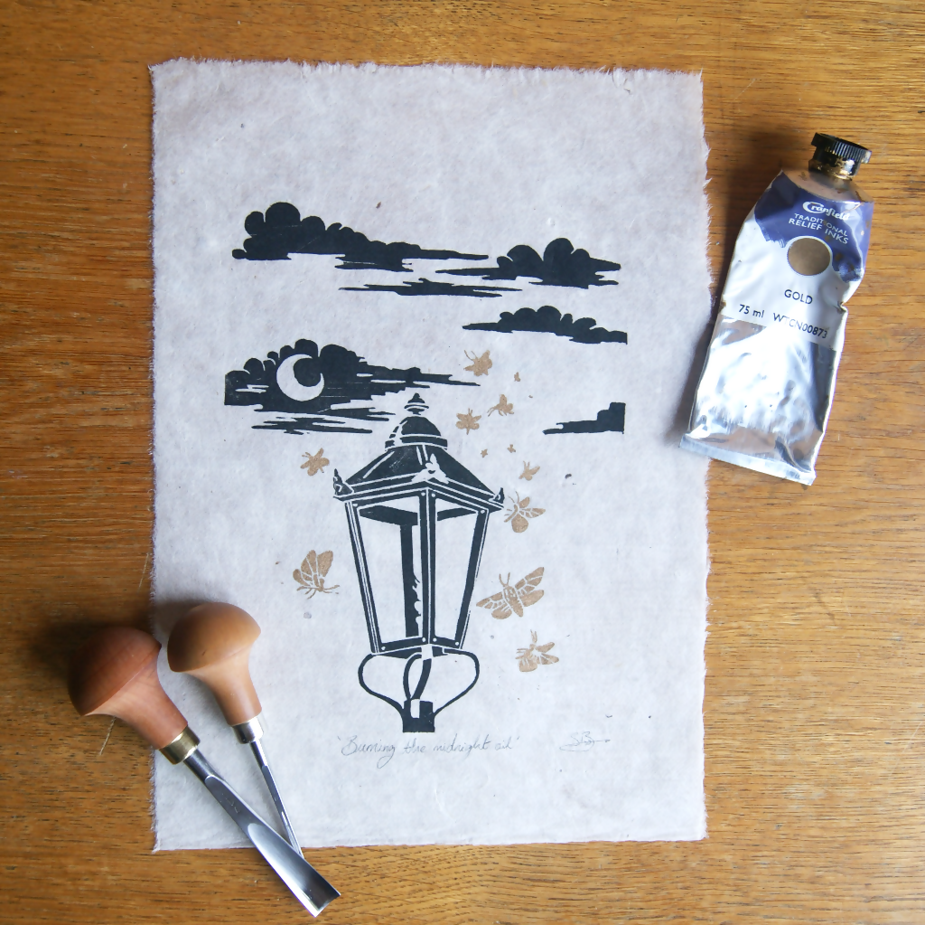 BURNING THE MIDNIGHT OIL LINO PRINT