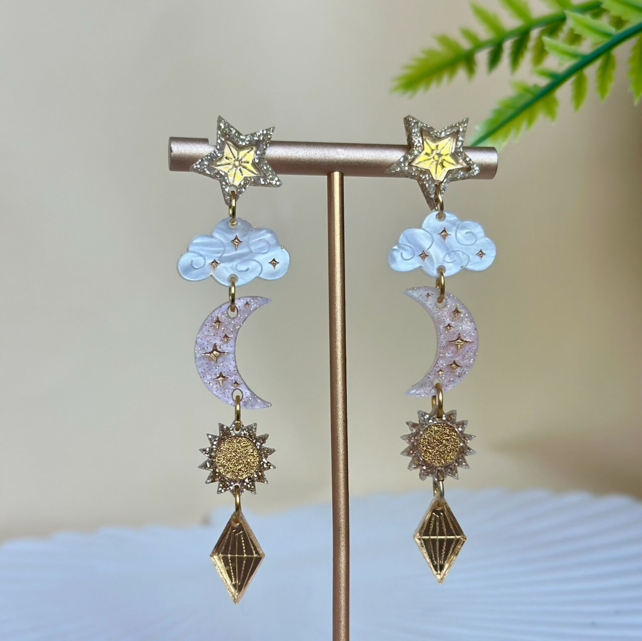 Dreamy, Celestial, Sun, Moon And Star Dangly Statement Earrings