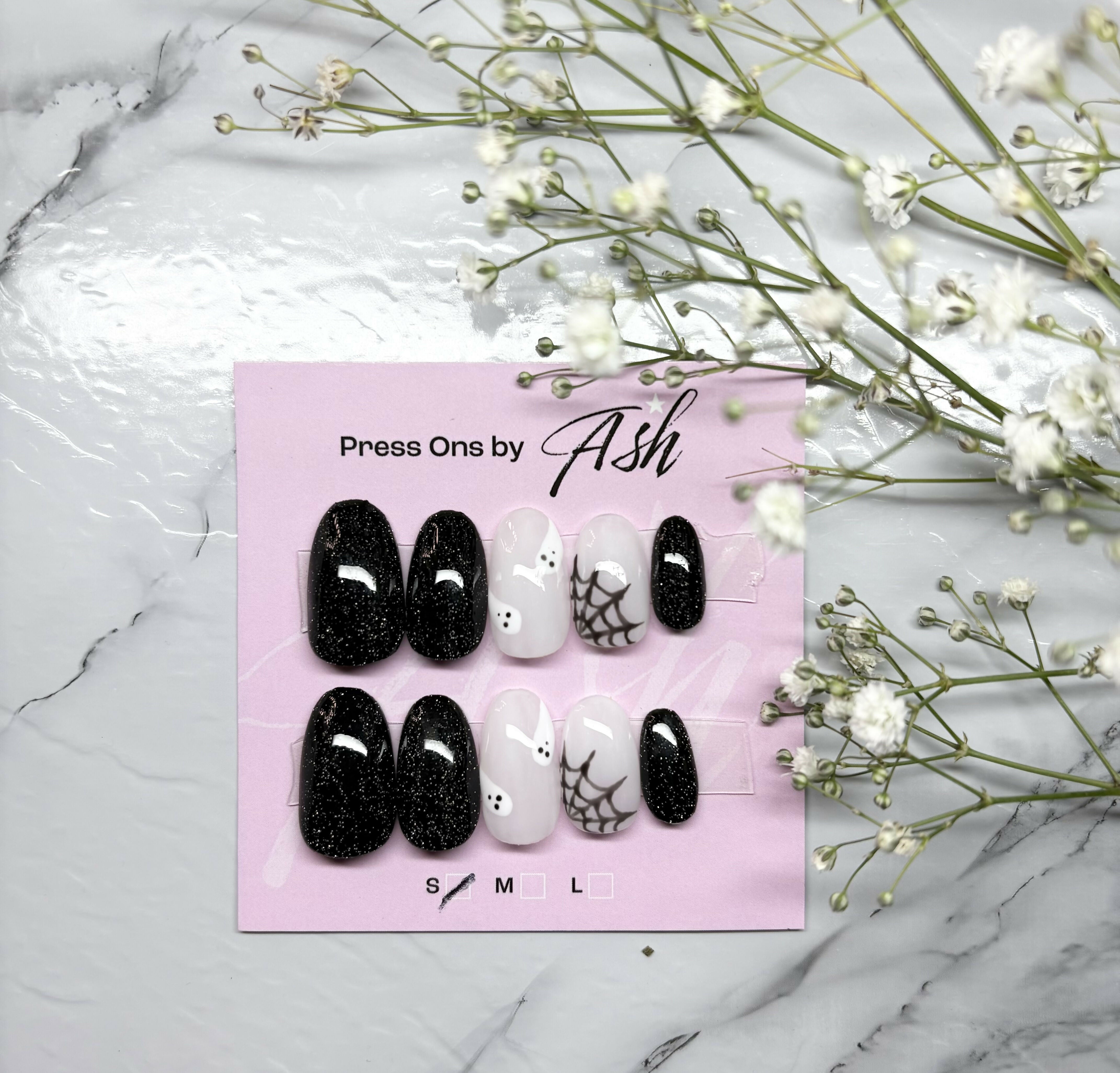 Reusable Sparkly Black Web And Ghost Handmade Press On Nails