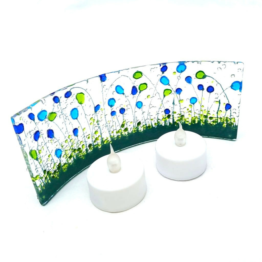 Small Fused Glass Curve With Flower Meadow Design (Blue & Green)