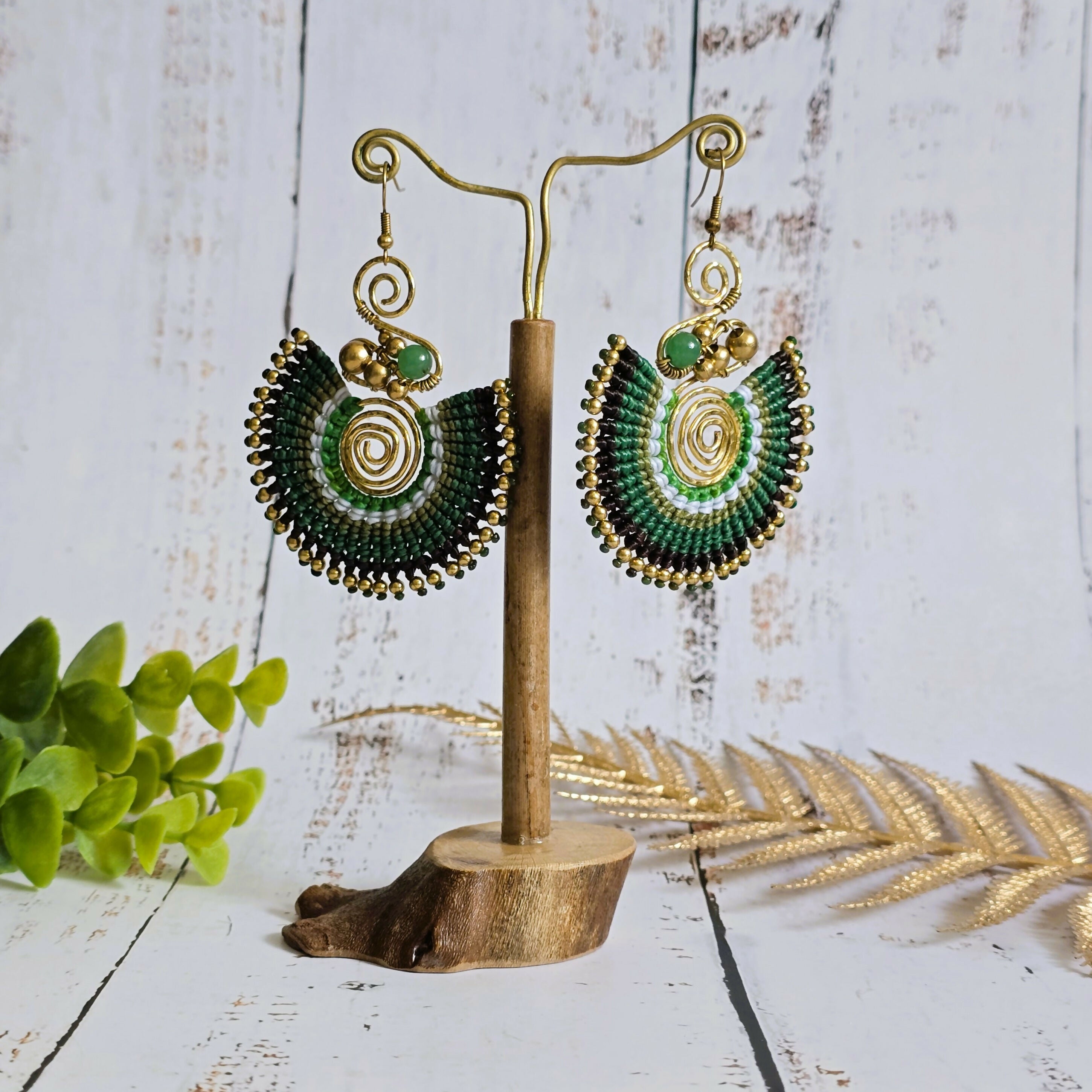 Green Jade Crystal Earrings; Full Moon Macramé Earrings With Gold Spiral & Bohemian Wirework