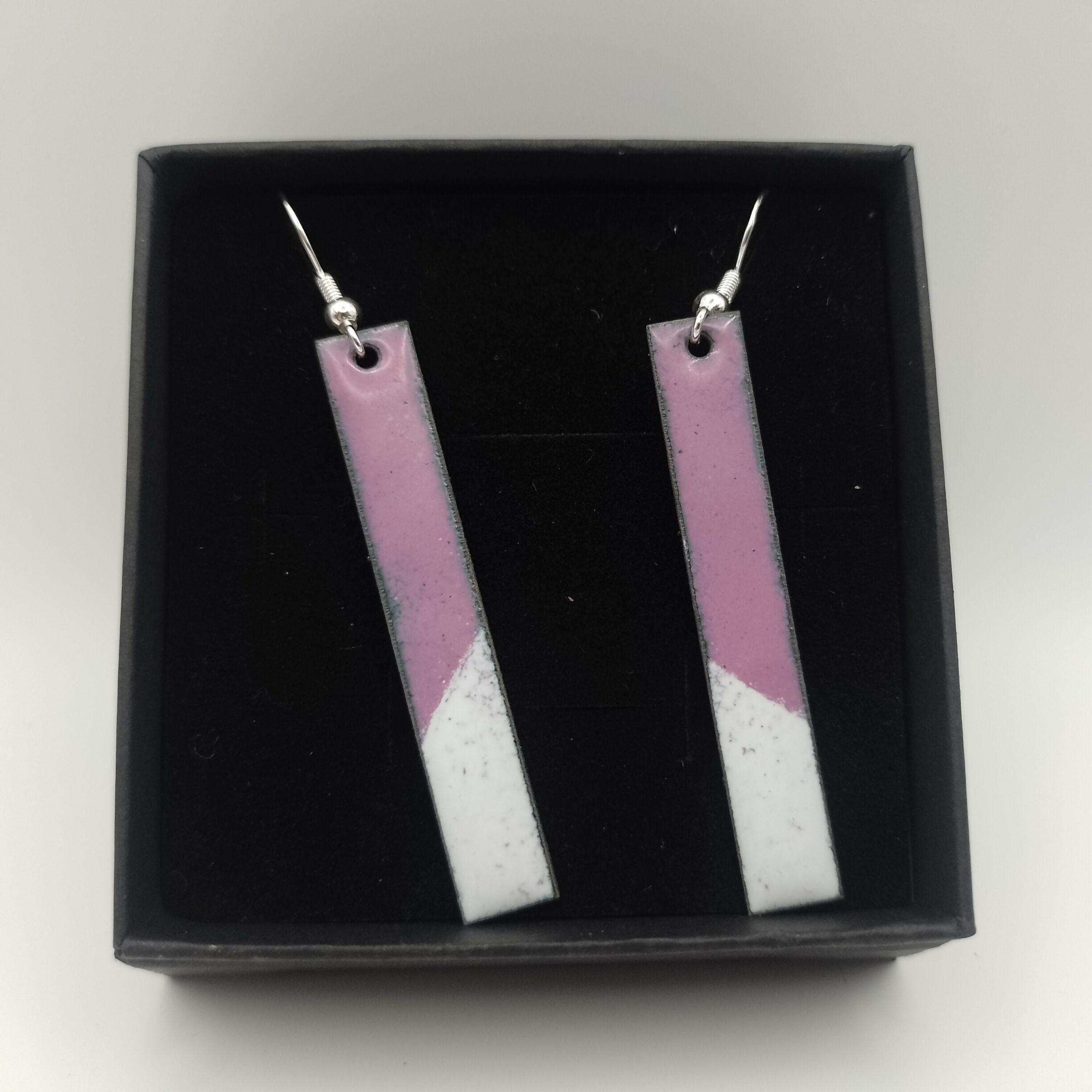 Purple and White Long Enamel Earrings