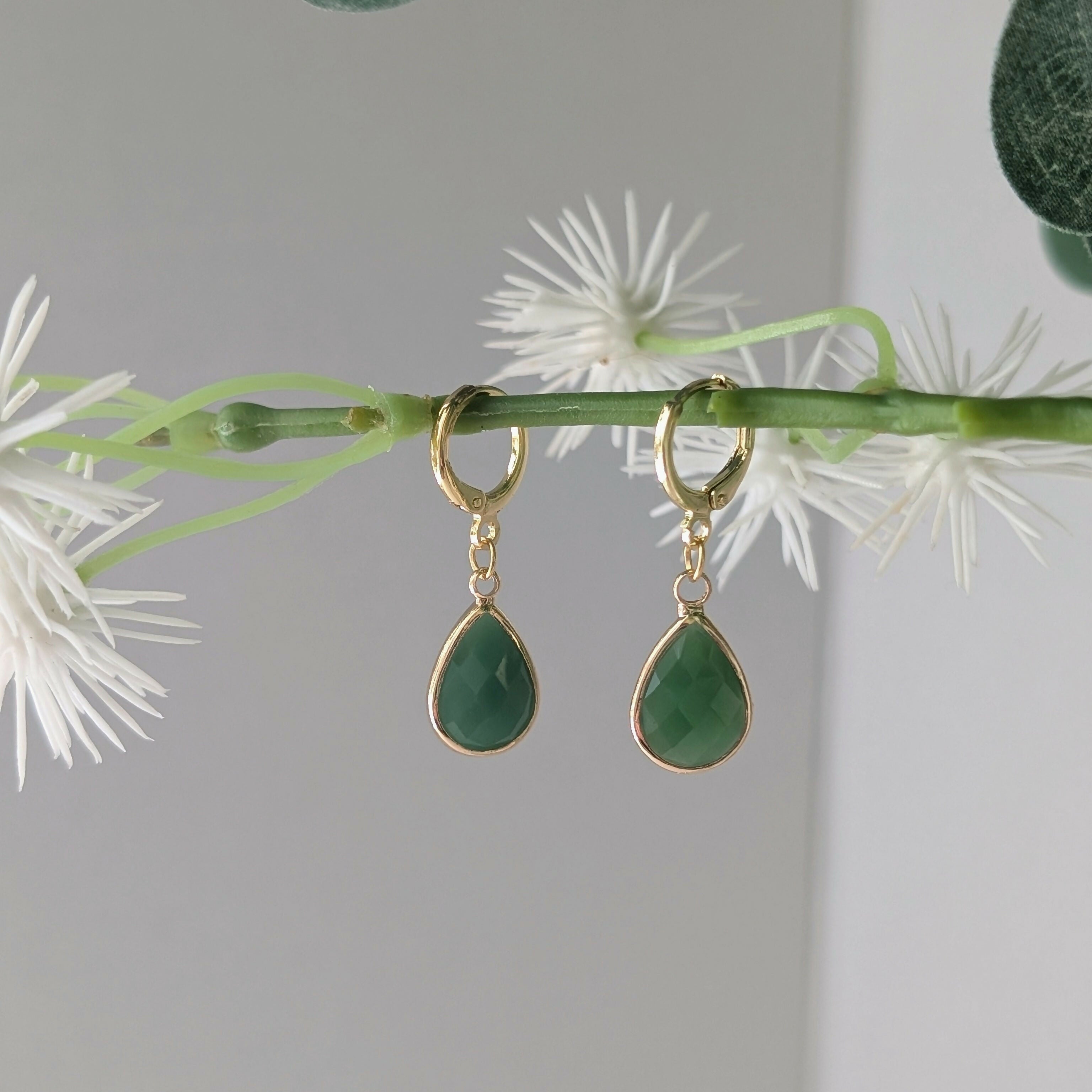 Green Jade Faceted Teardop Gold Plated Huggie Earrings