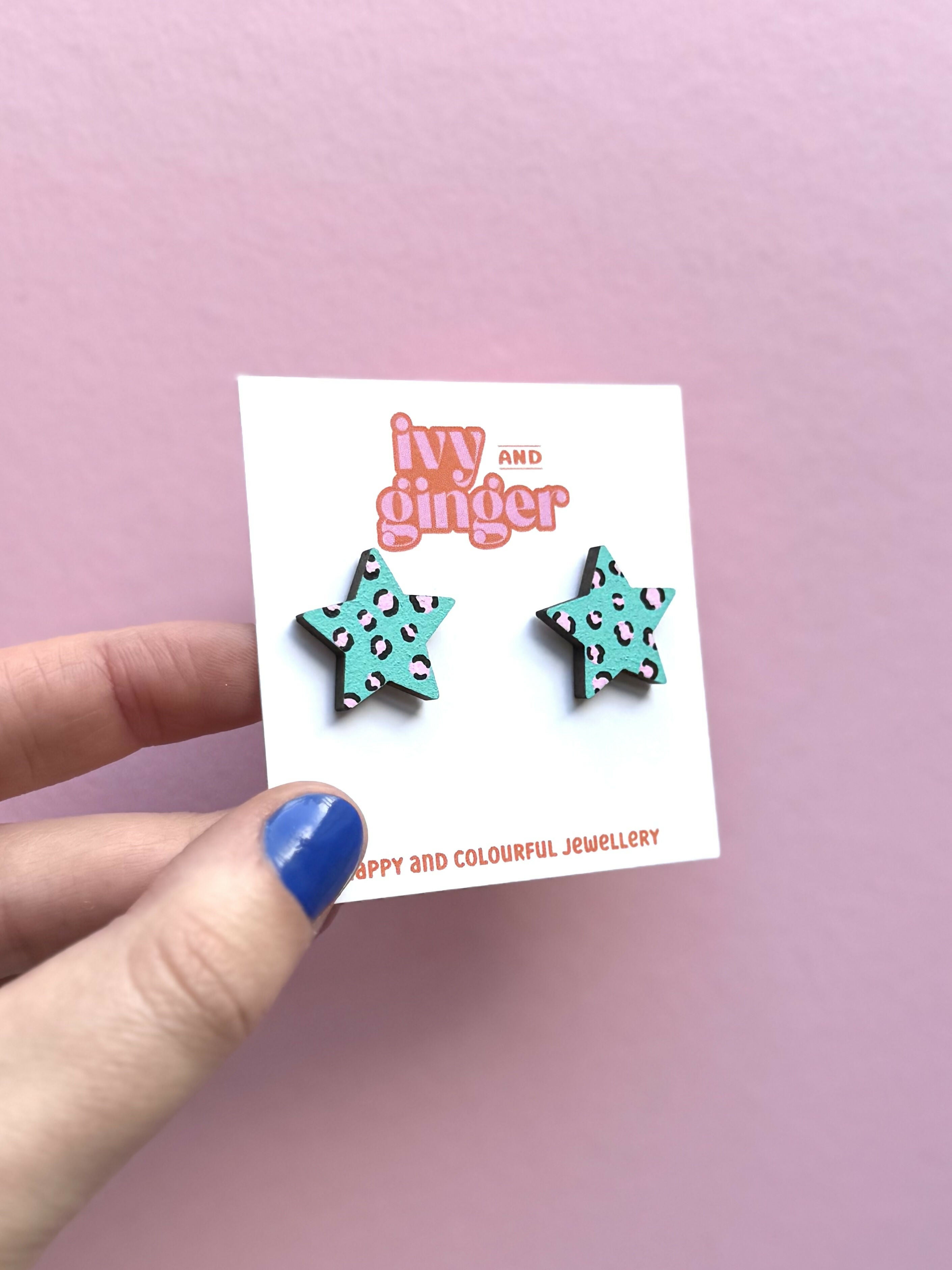 Teal And Pink Leopard Print Star Stud Earrings