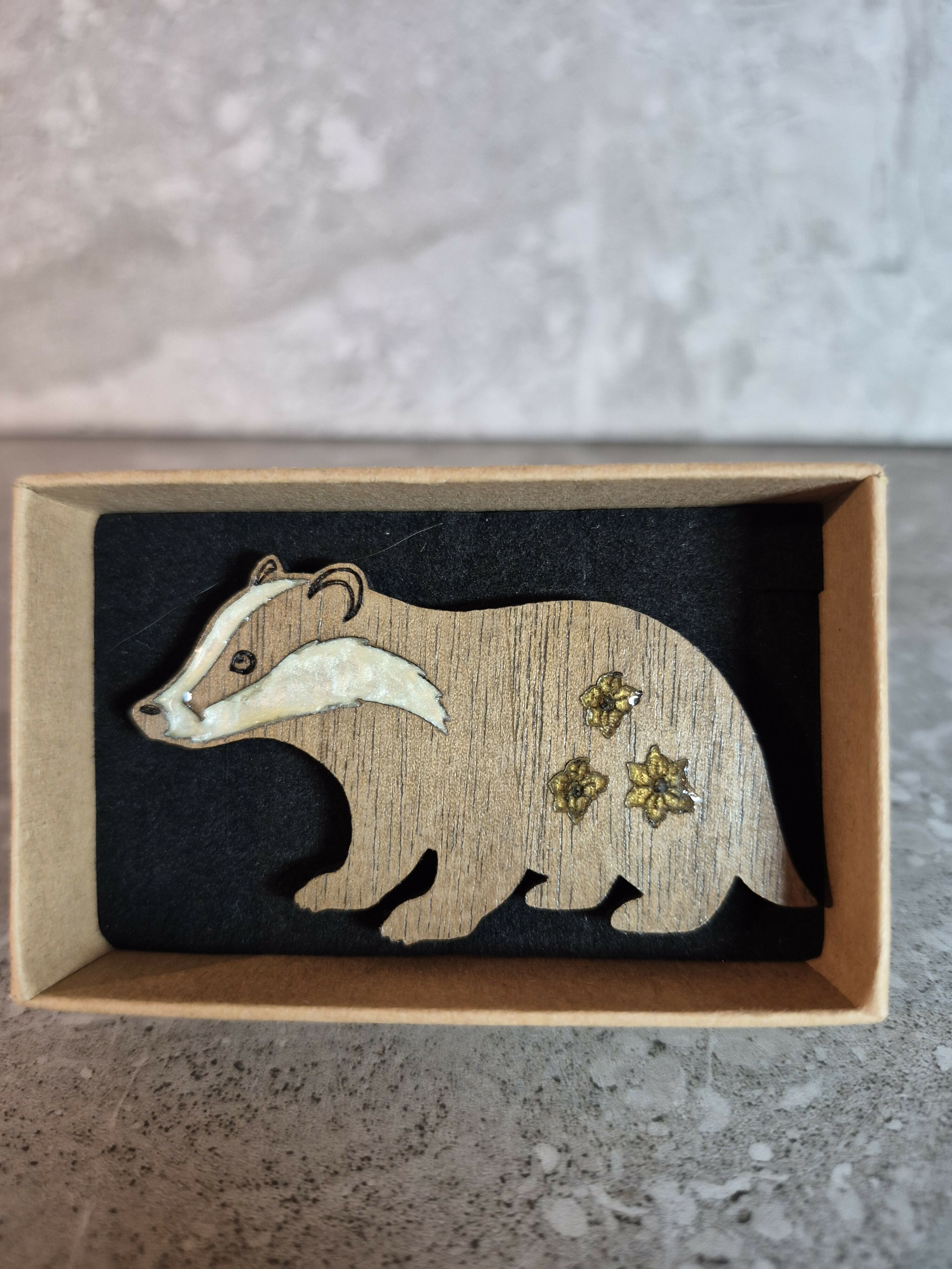 Handcrafted Walnut Veneer Badger Pin