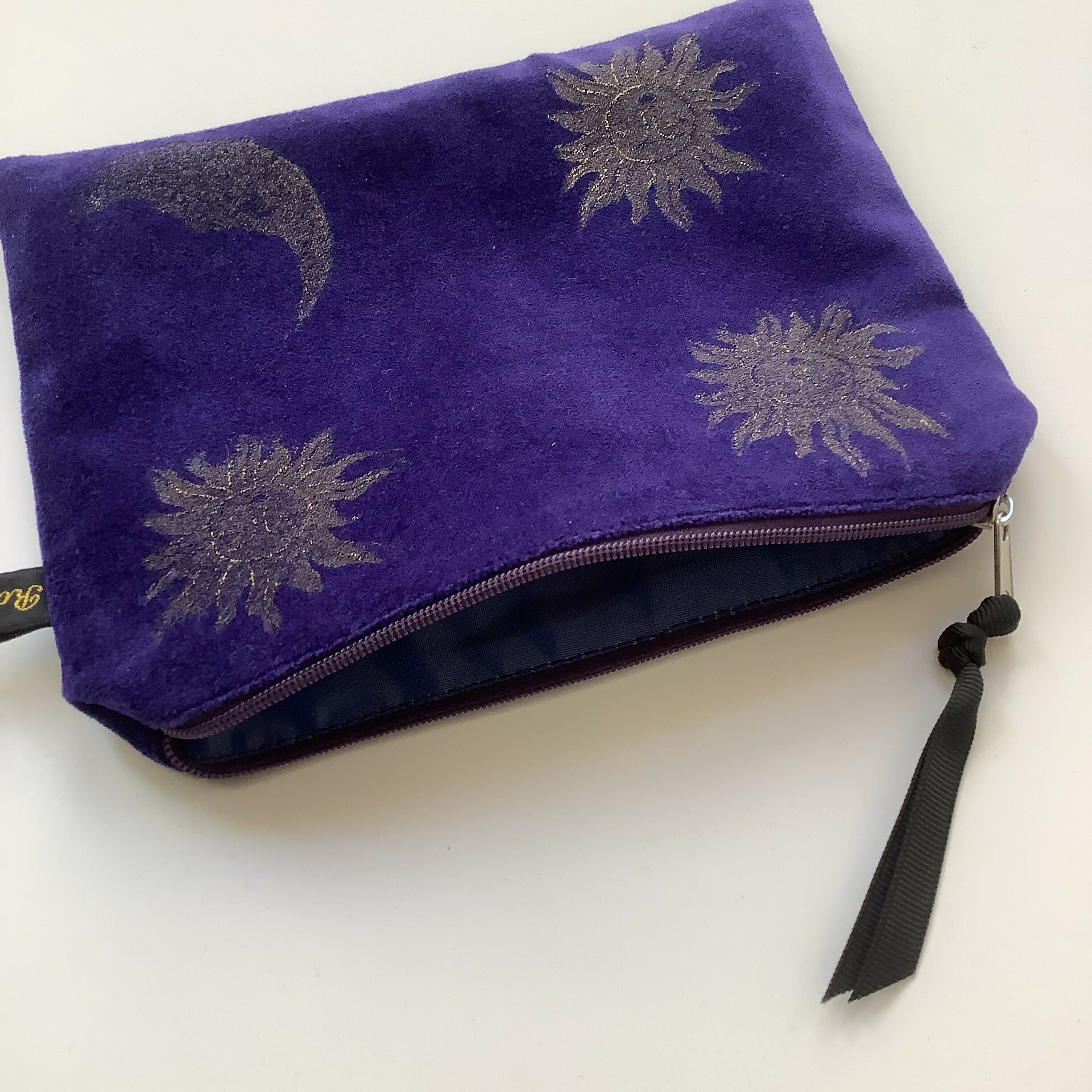 Purple Sun and Moon Velvet Zip-Up Pouch with Wrist Strap