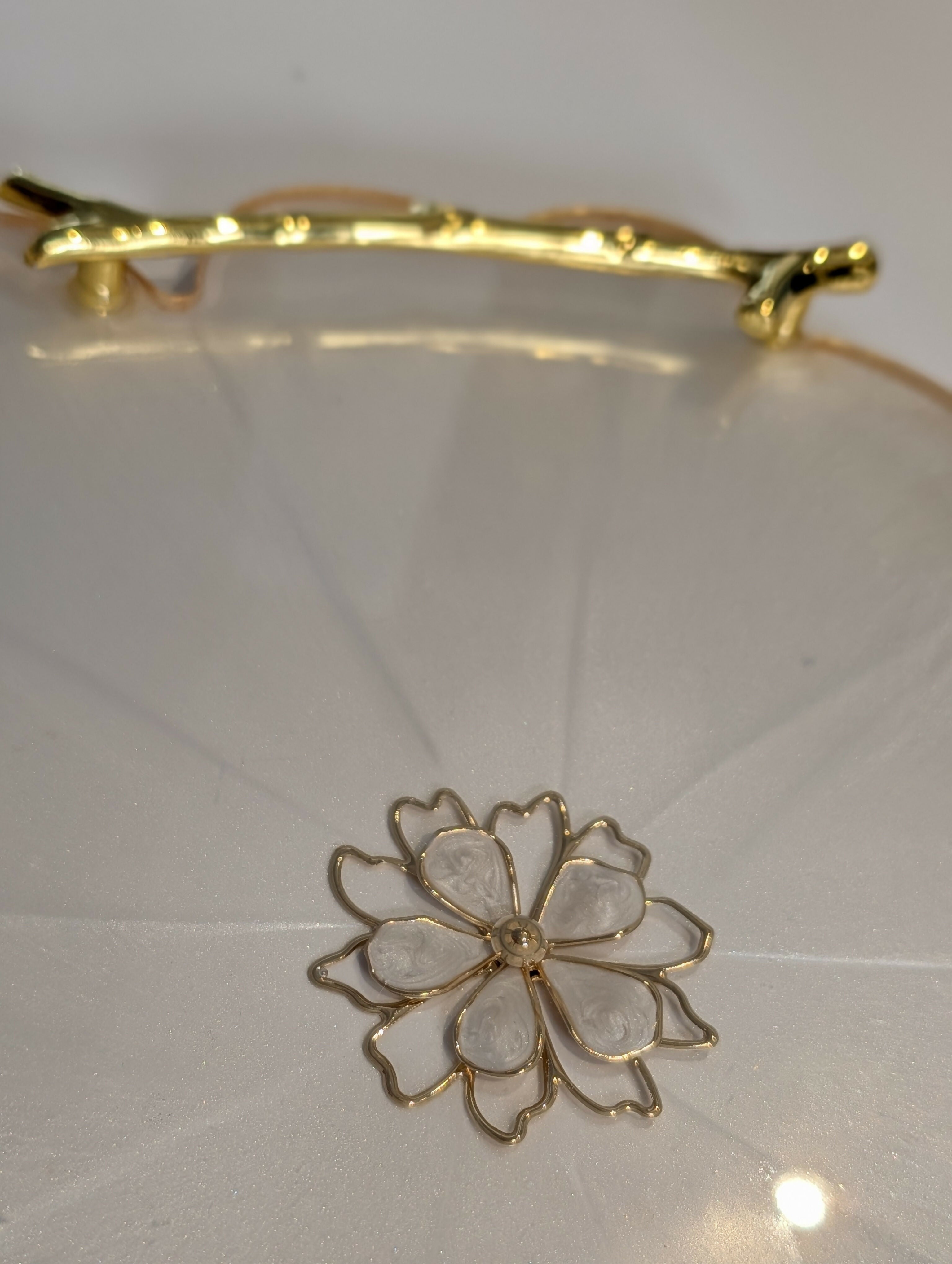GOLD HANDLE SERVING TRAY HANDMADE FLOWER SET WITH COASTERS