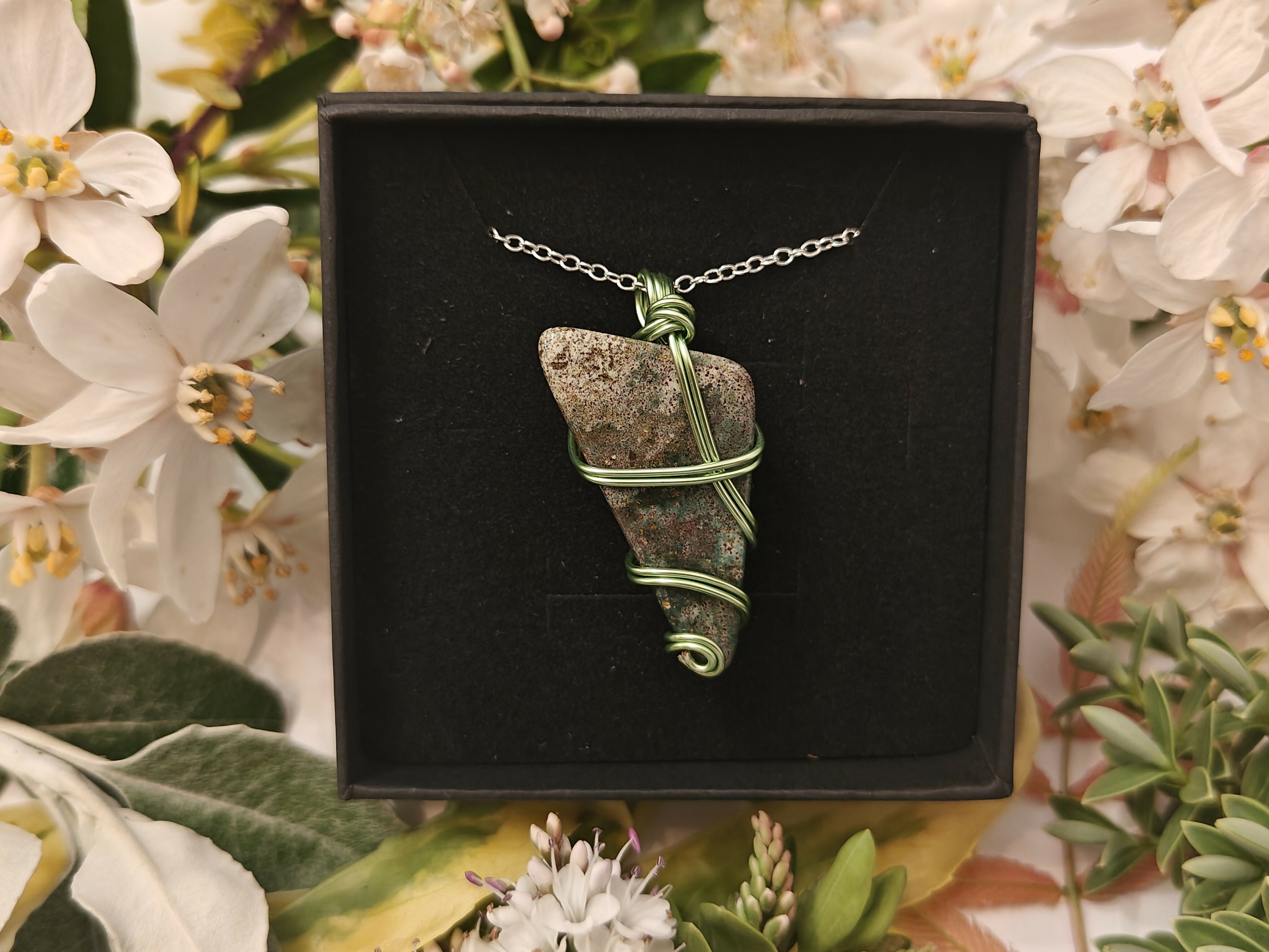 Jasper Wire Wrapped Crystal Pendant on Sterling Silver Chain