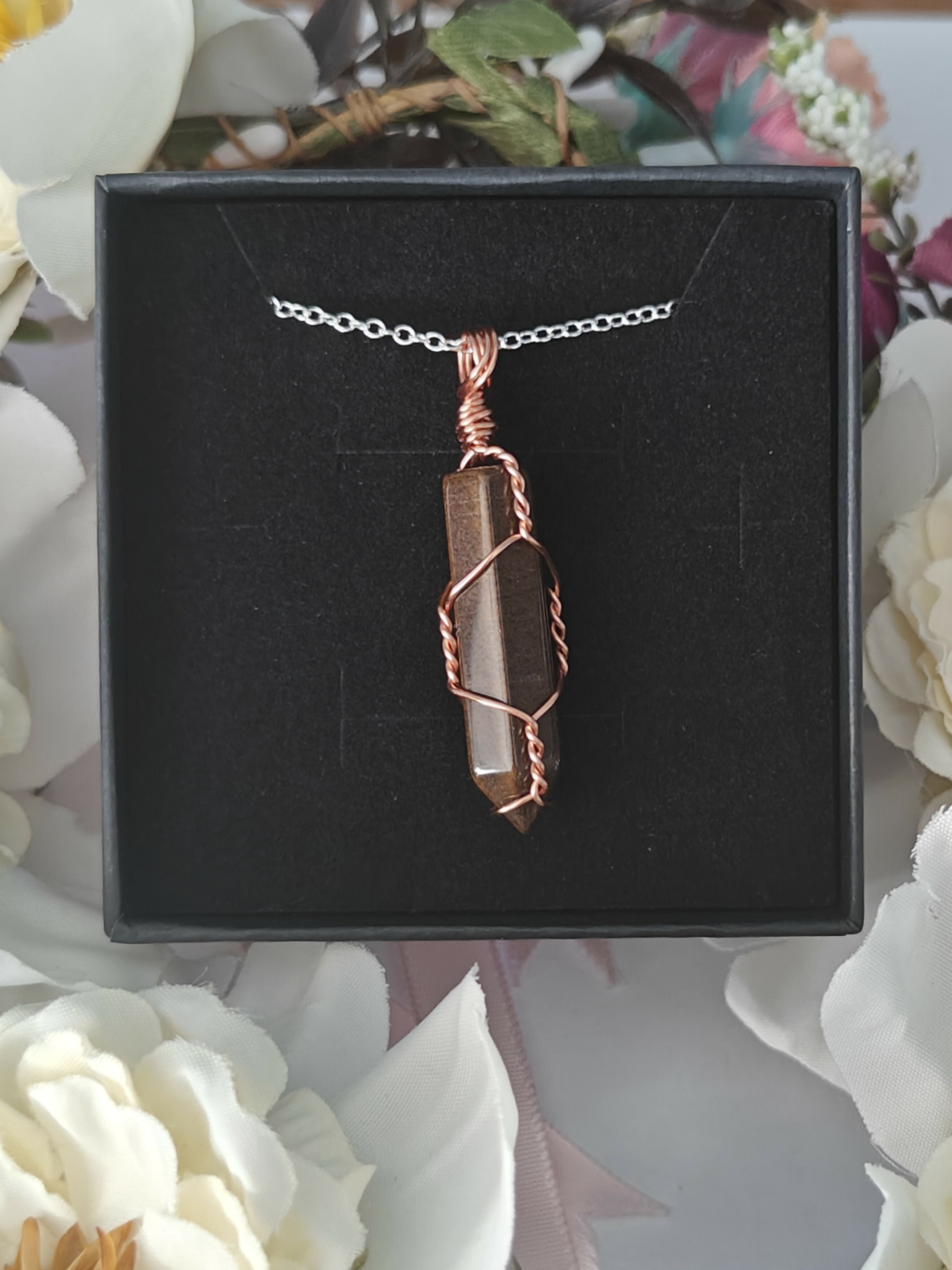 Tiger's Eye Wire Wrapped Crystal Point Necklace on Sterling Silver Chain