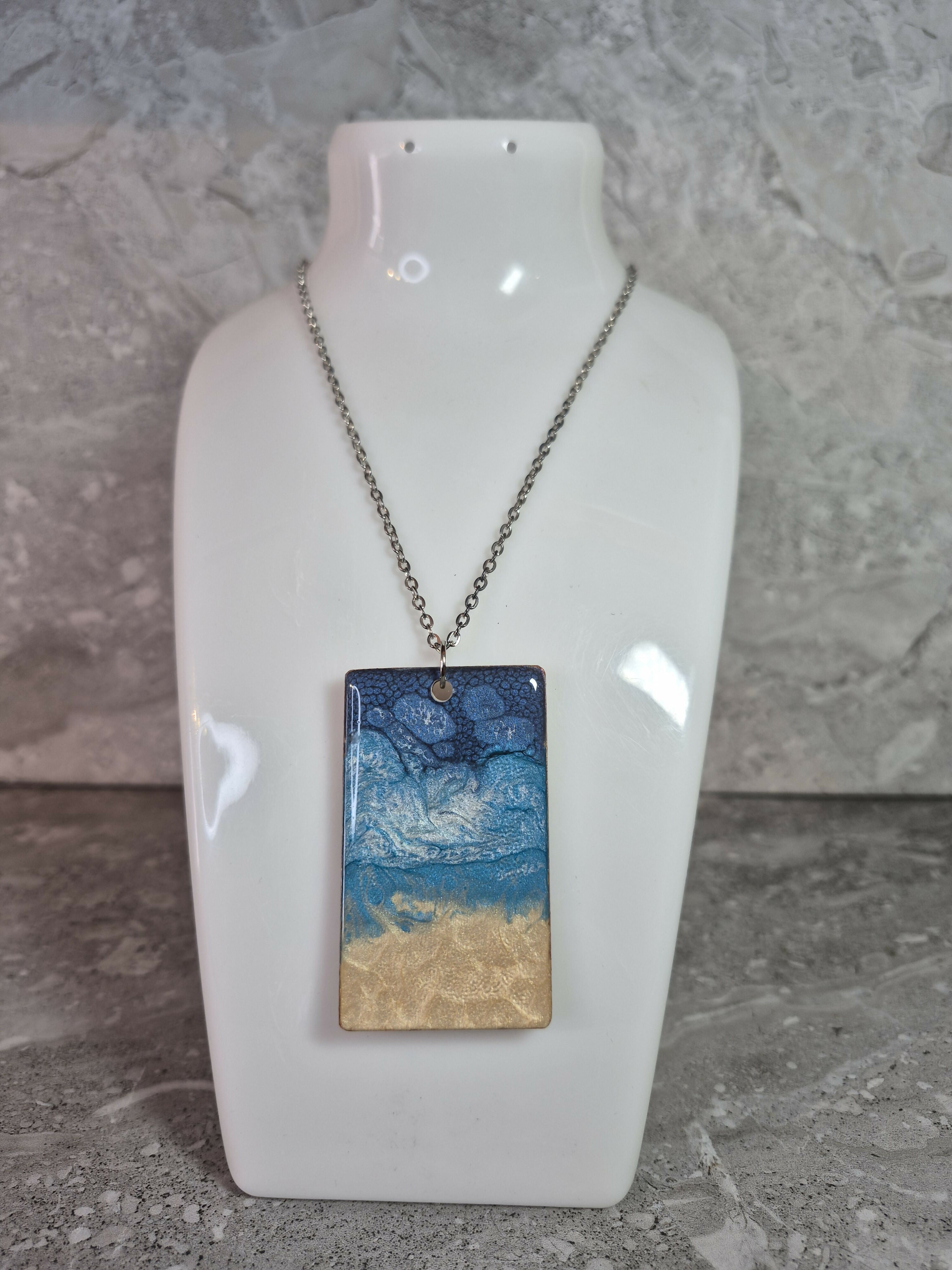 Unique Hand Crafted Cyan, Blue Ivory and Sand Coloured Rectangle Pendant
