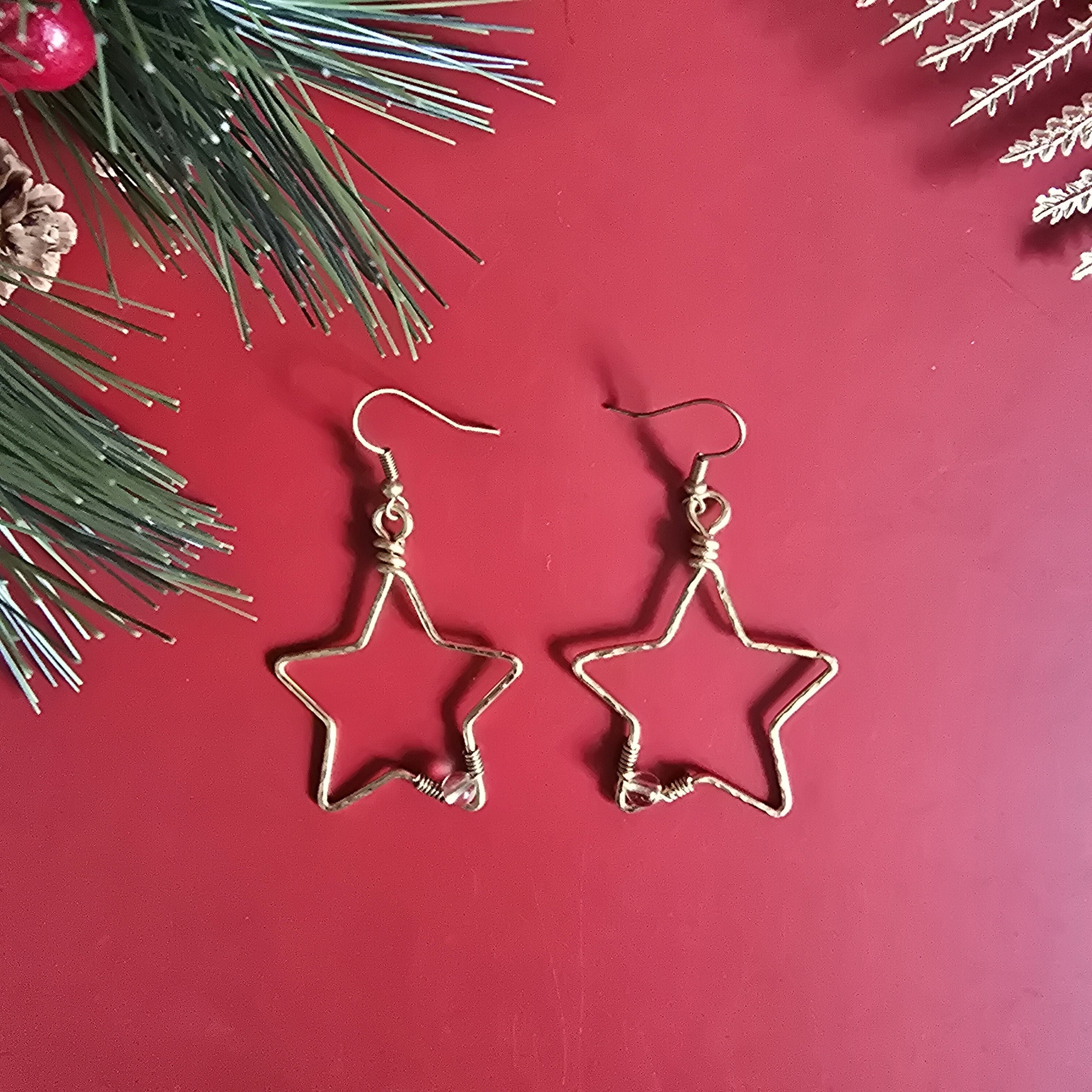 Christmas Gold Star Earrings; Citrine Crystal Celestial Festive Brass Wire Handmade Artisanal Earrings
