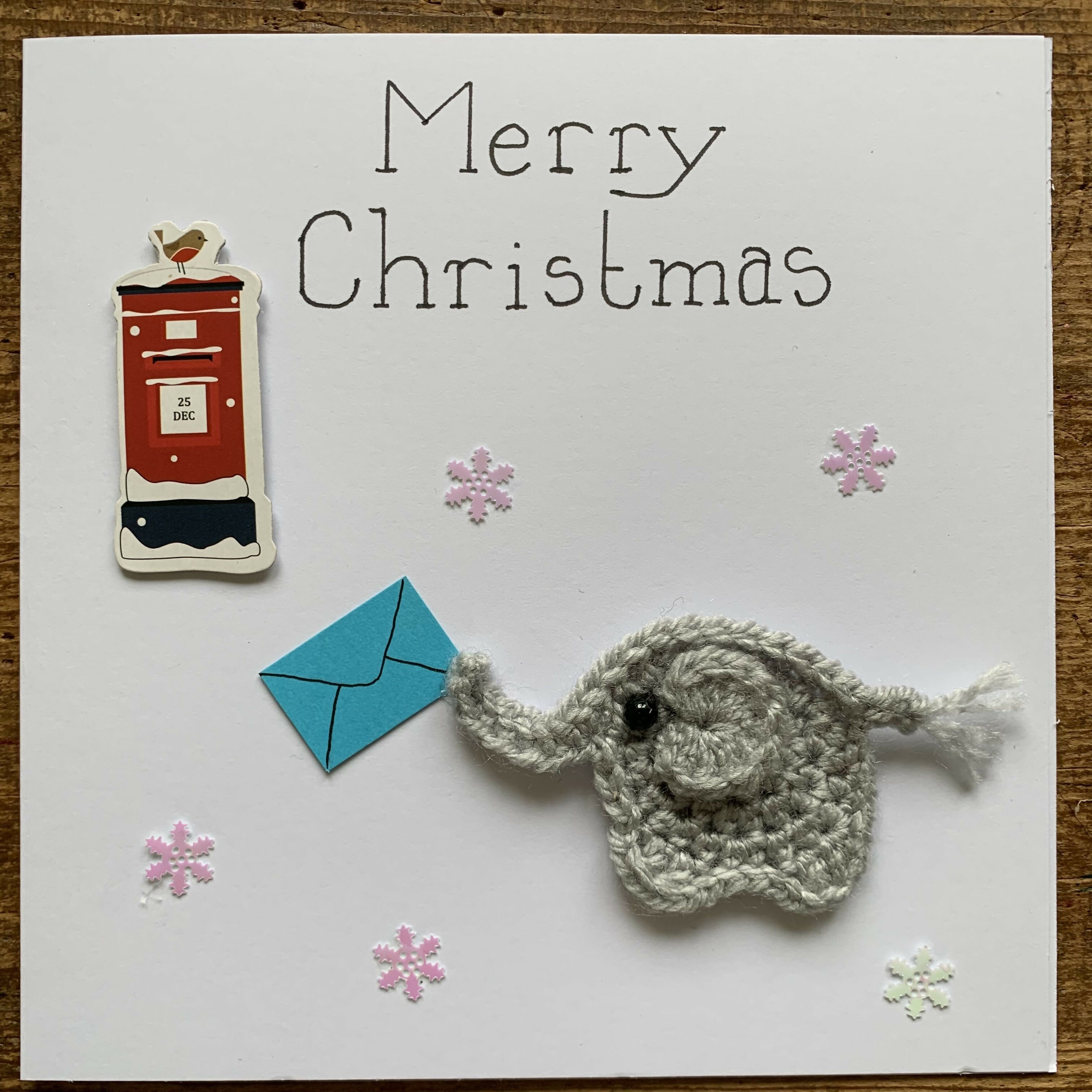 Christmas Card with Crocheted Elephant Posting letter to Santa.