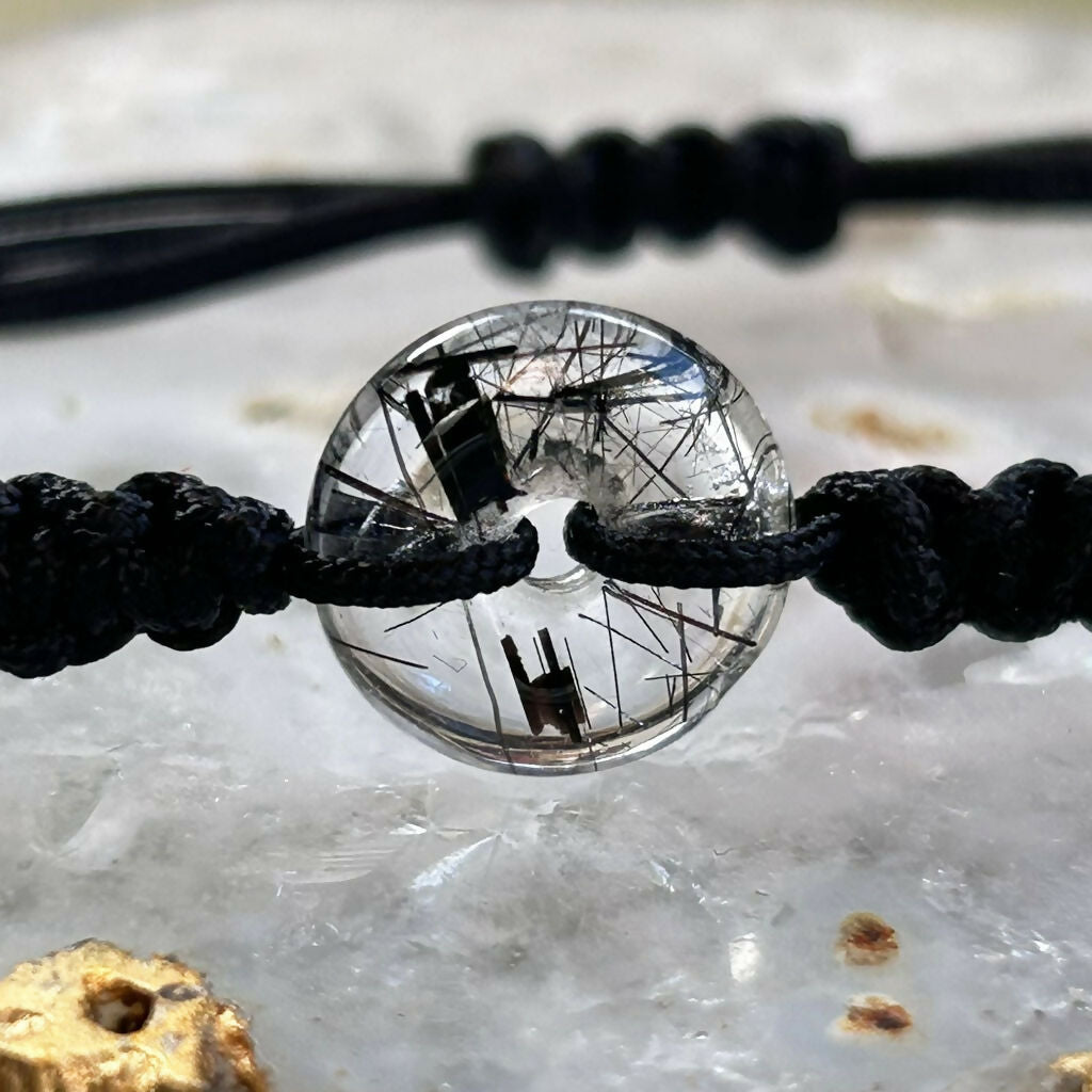 Handmade Adjustable Macrame Bracelet With Black Tourmaline In Quartz