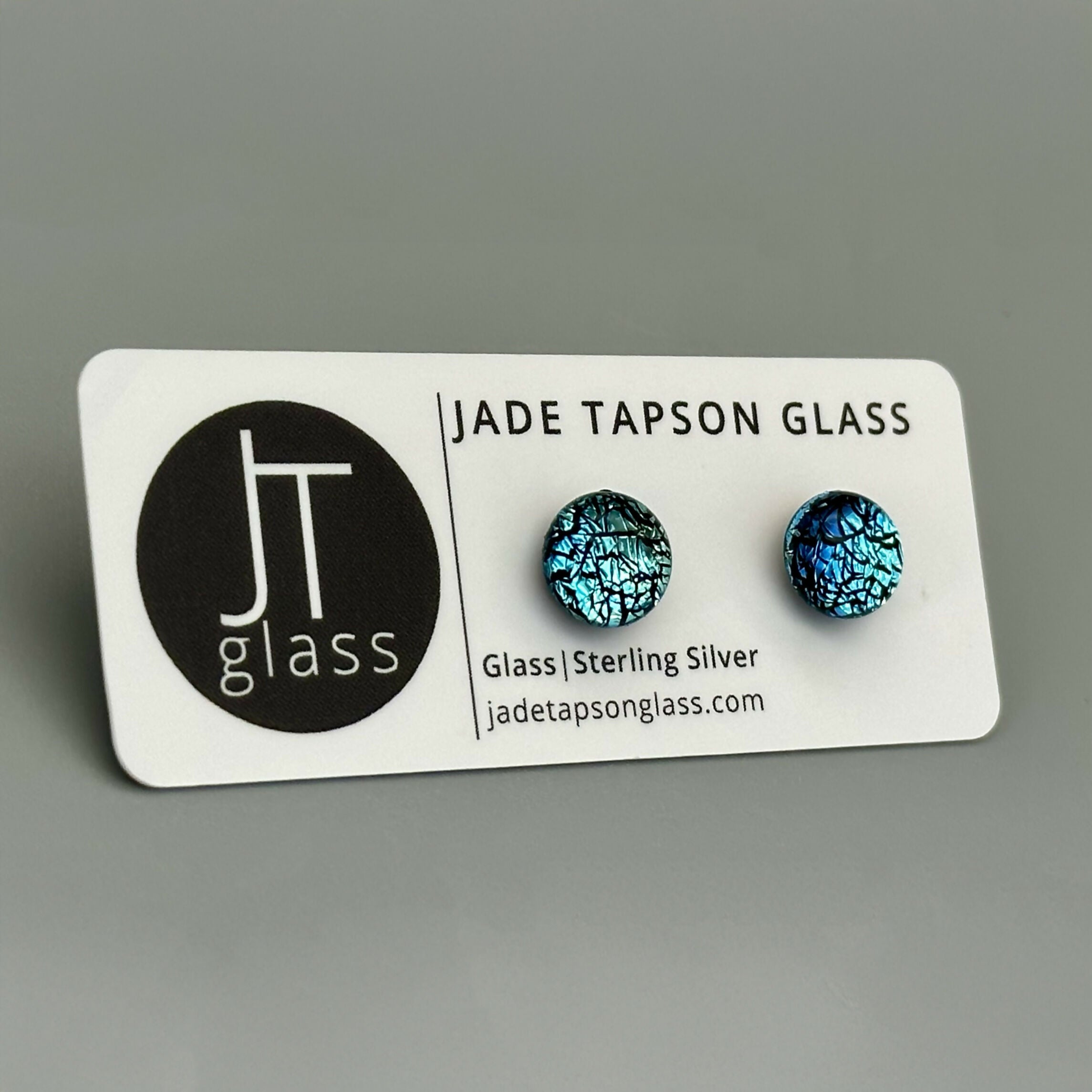 Ice Blue Dichroic Fused Glass Sterling Silver Stud Earrings - Handmade by Jade Tapson Glass.