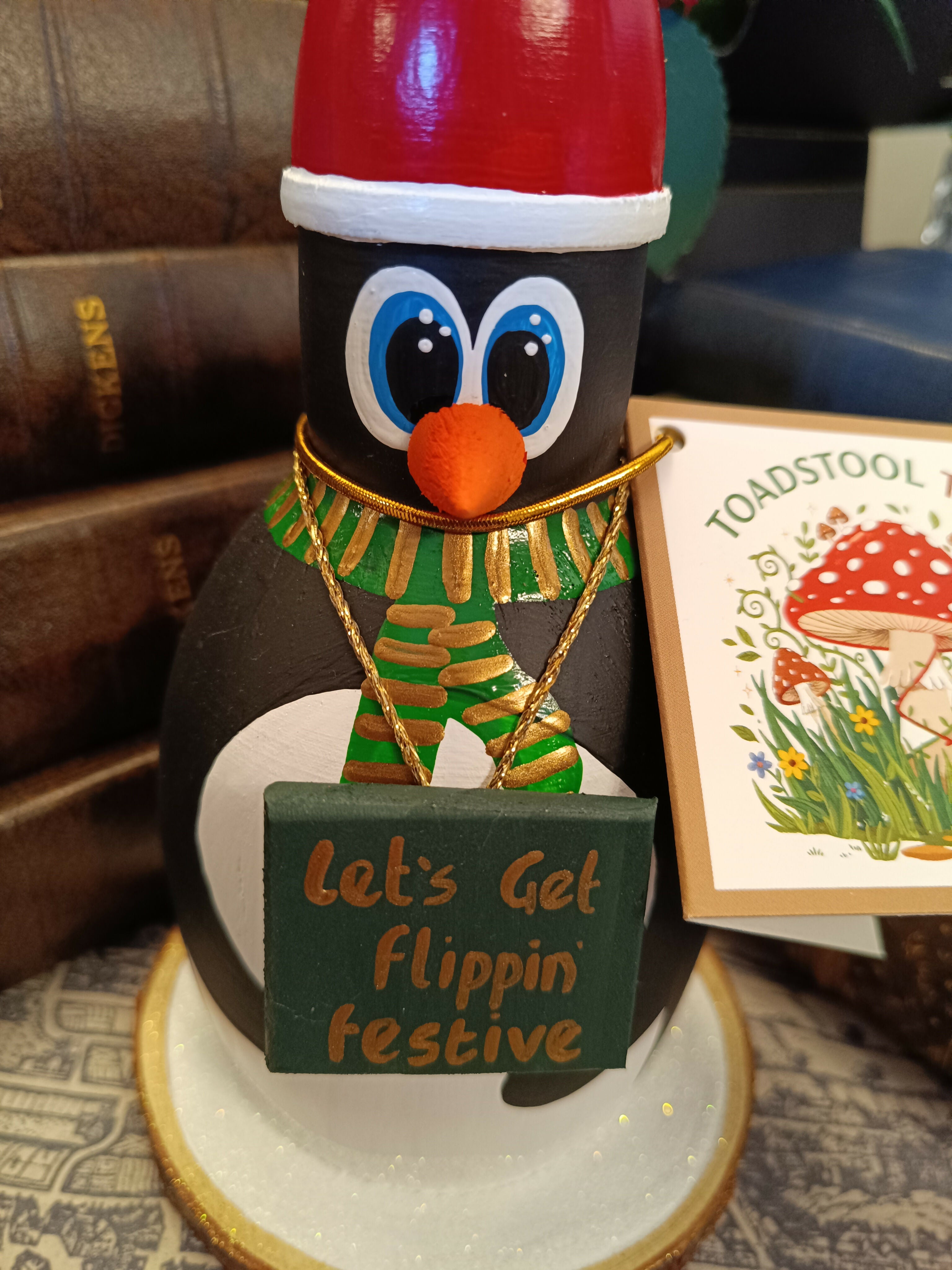 Handmade Wooden Holiday Penguin Figurine - "Let's Get Flippin' Festive"