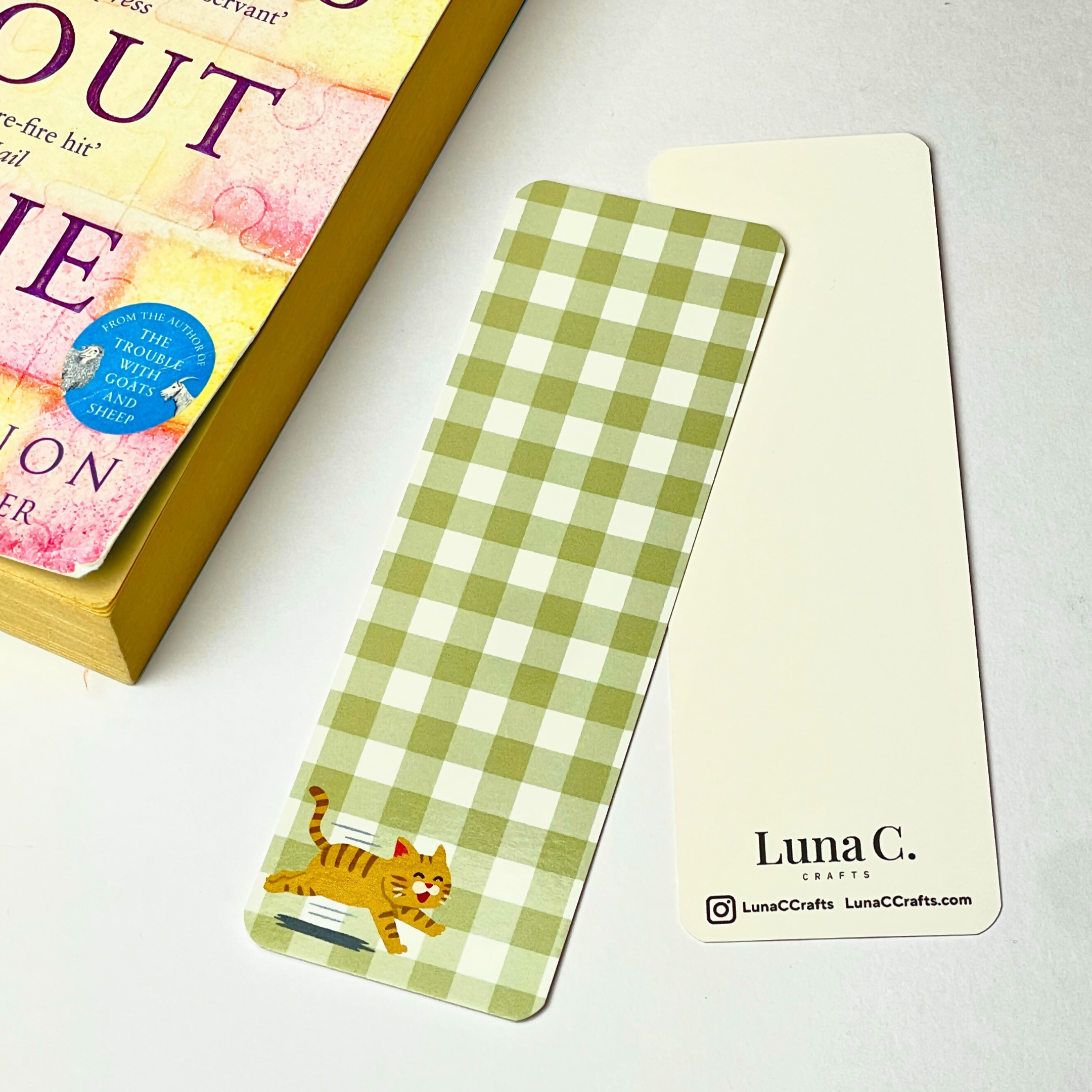 Sage Green Gingham with a Jumping Cat 15 x 5 cm Bookmark
