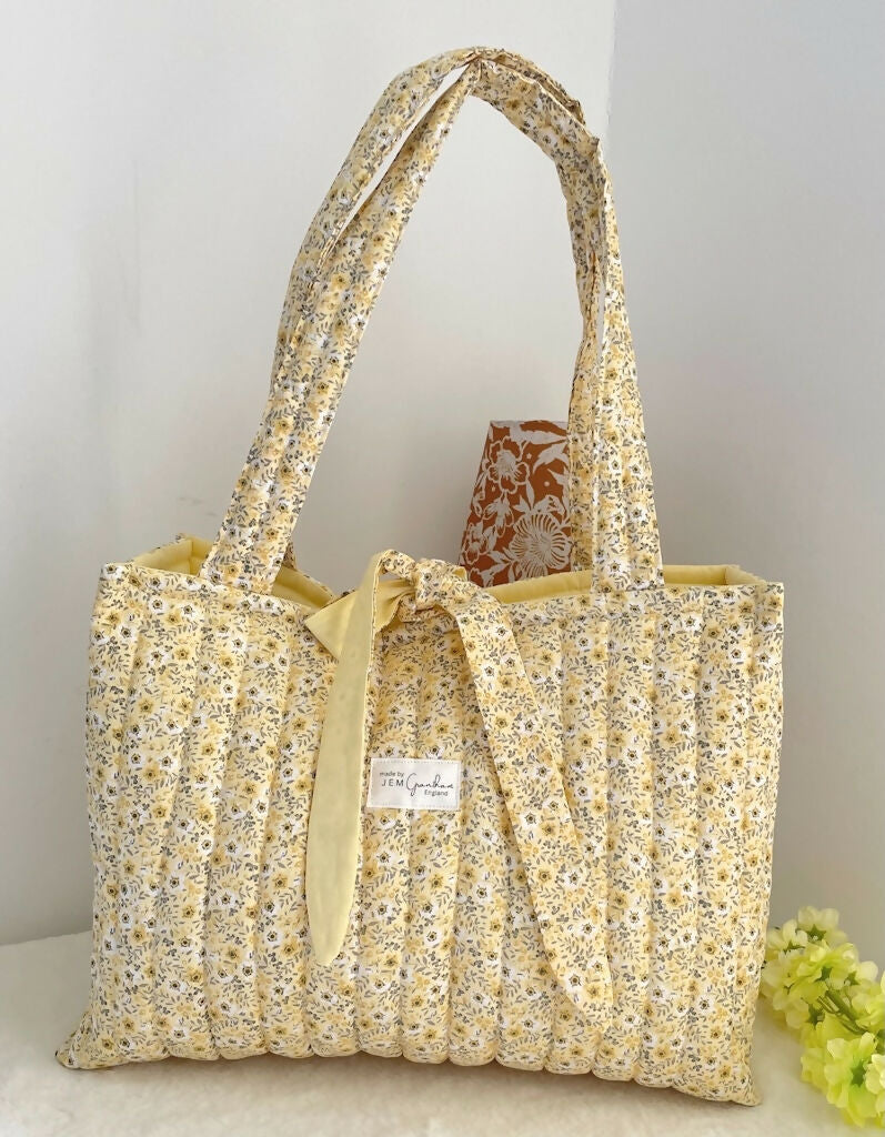 Quilted Tote Bag Yellow Ditsy with ribbon Closure Handmade