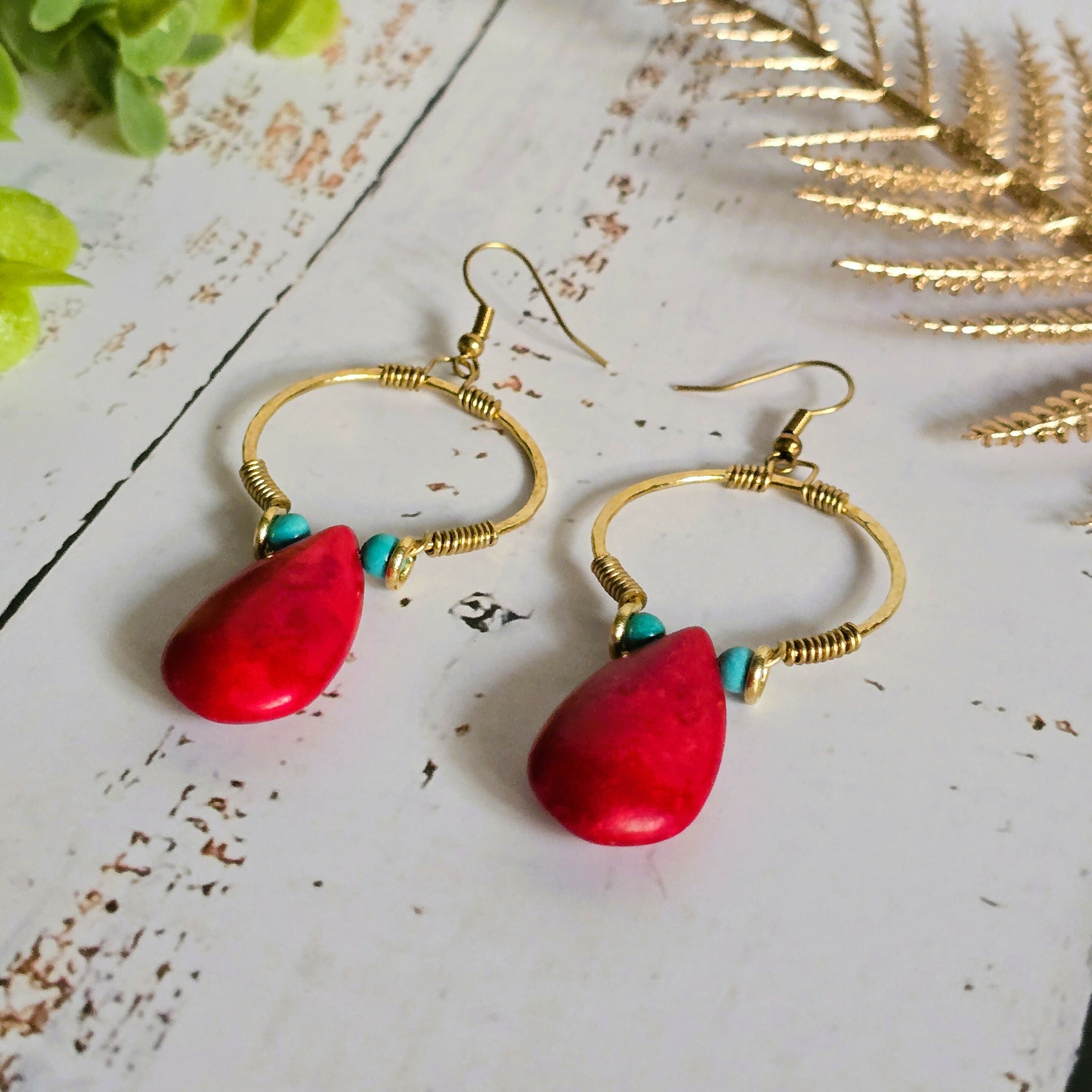 Red Howlite Gold Hoop Earrings; Hammered Brass Wire Red Crystal Turquoise Statement Earrings