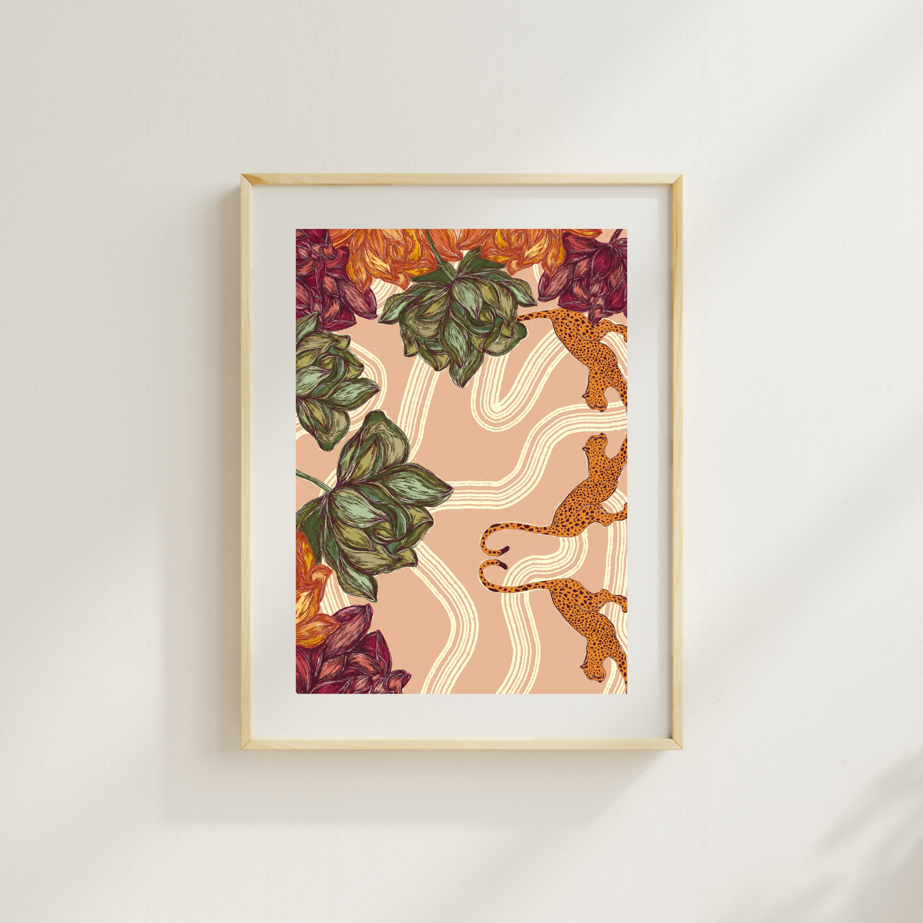 Leopards In Bloom A4 Hand Illustrated Poster