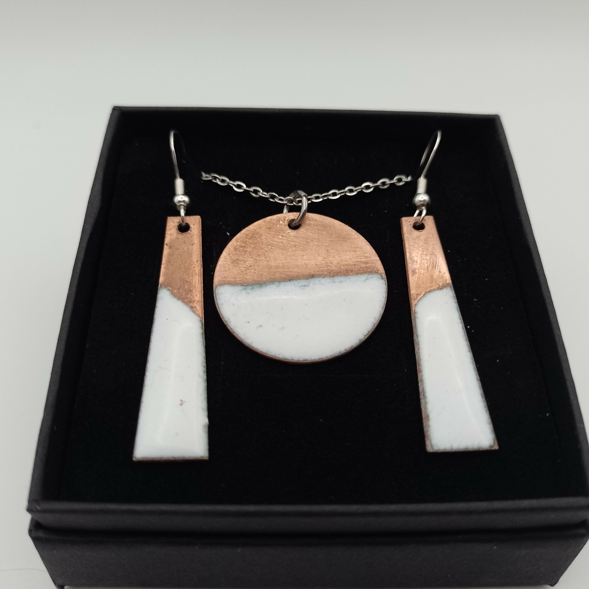 Circle Half Copper Half White Enamel Pendant and Earring Set