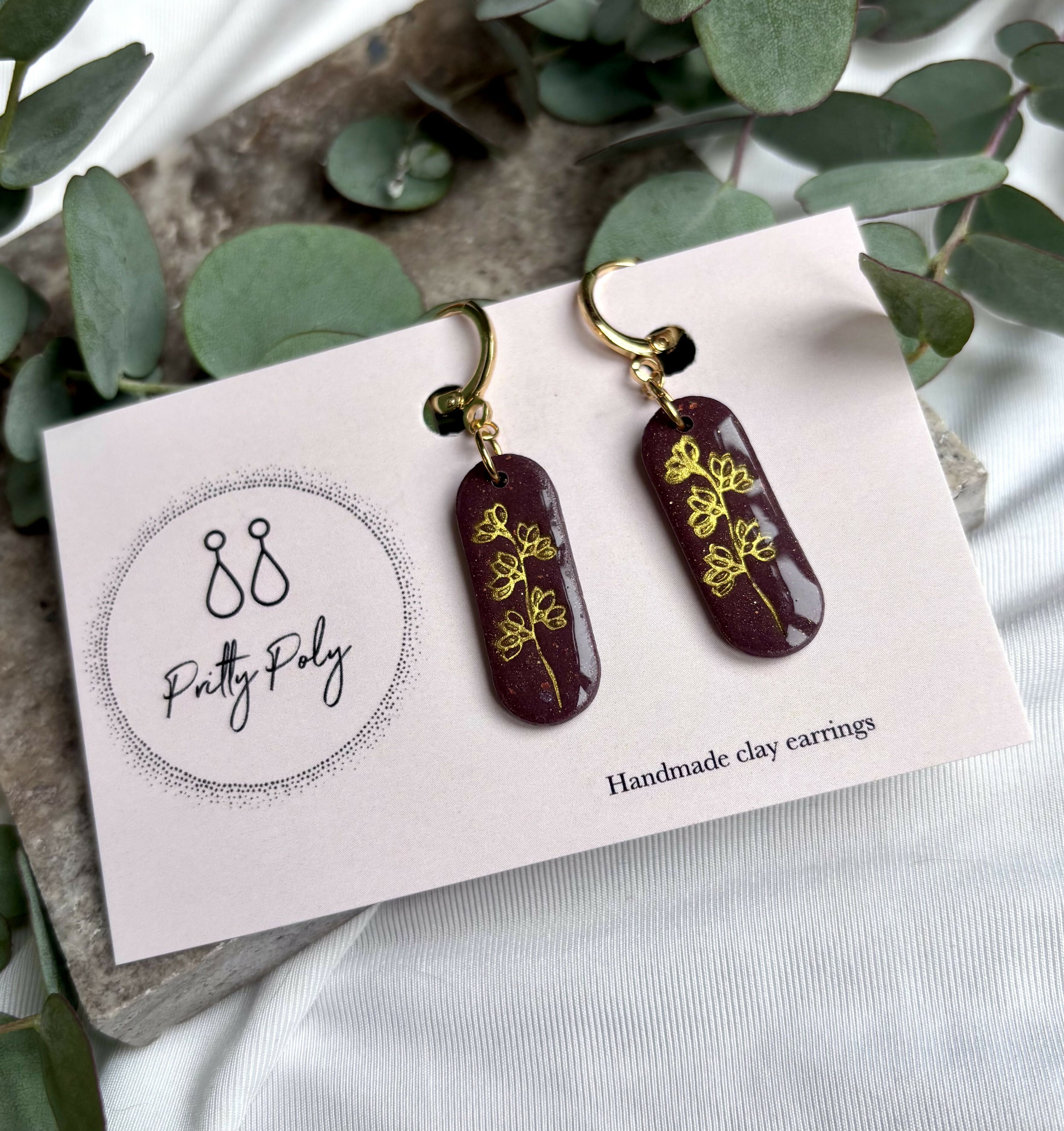 Burgundy Flower Huggie Hoops Polymer Clay Earrings