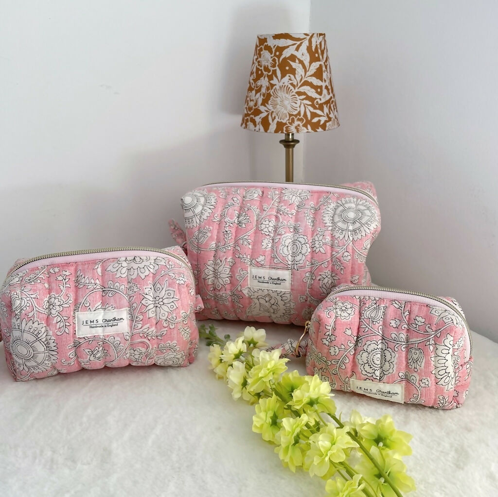 Pink Quilted Toiletry Bag with Zipper with white flower print