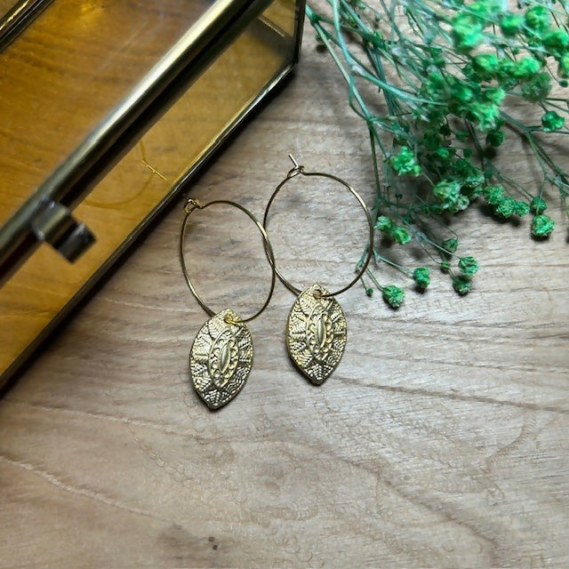 Lovely Gold Plated Hoops Featuring Pattered Shield Charms