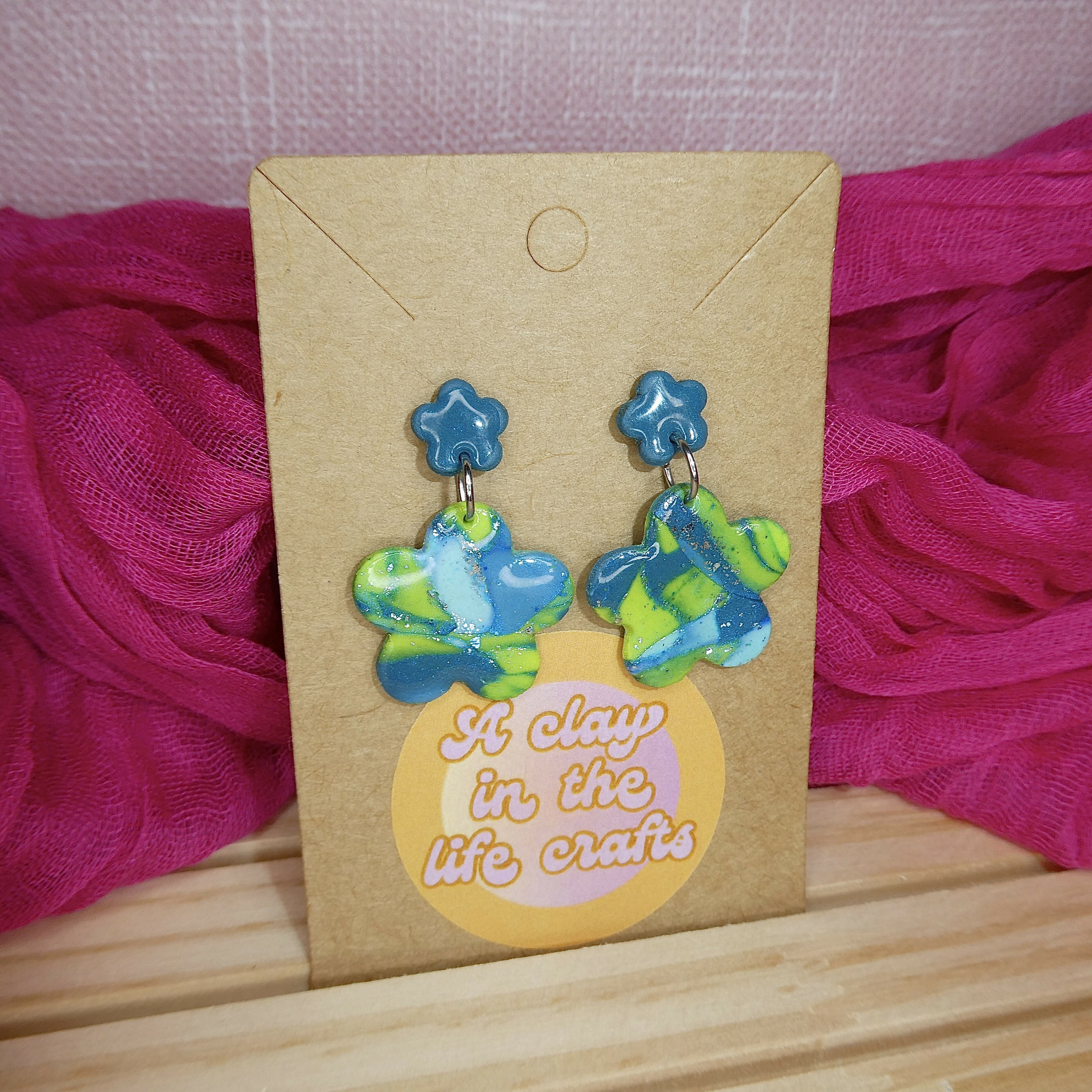 Blue And Green Mosaic Flower Polymer Clay Earrings