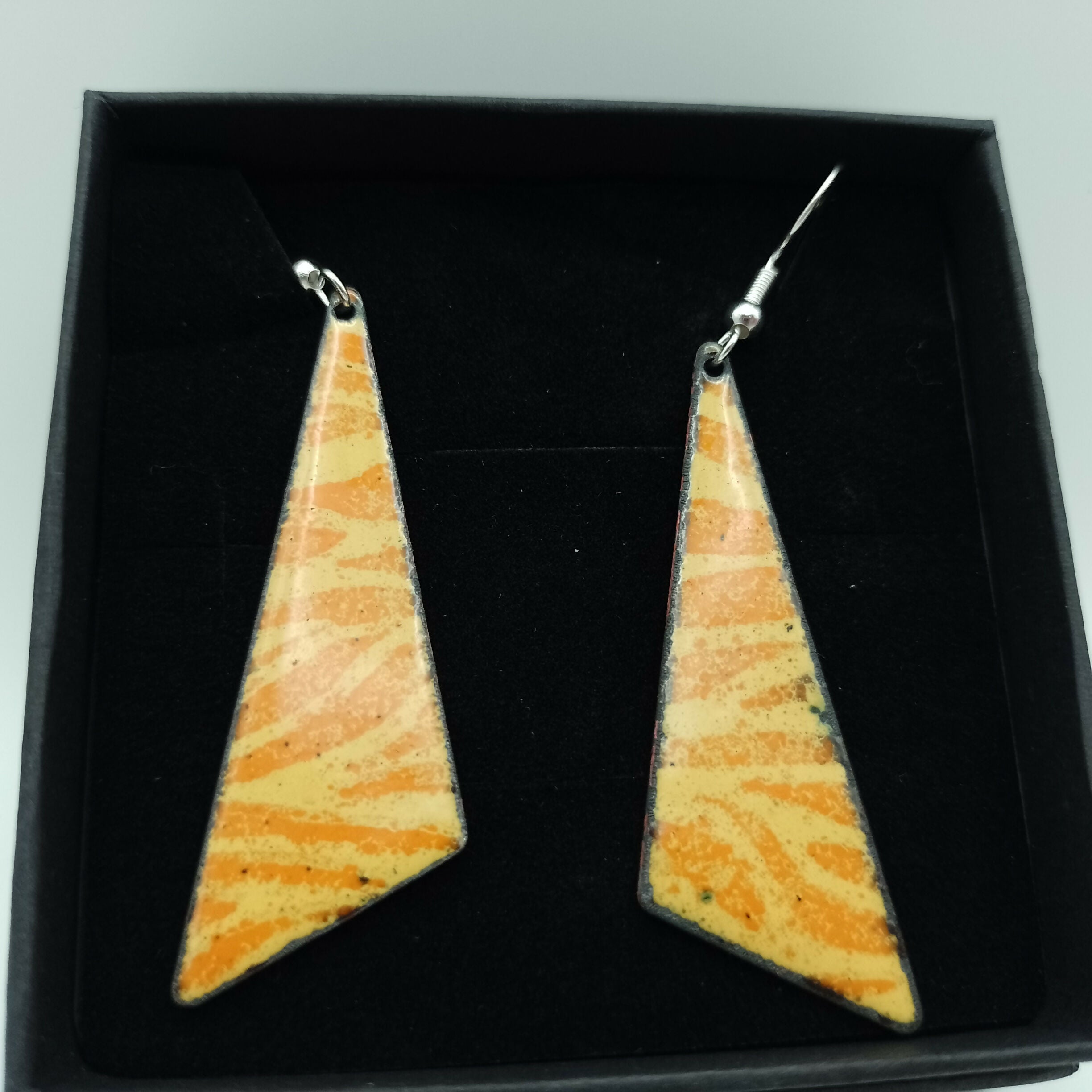 Yellow Triangular Enamel Earrings with Tangerine Orange Stripes
