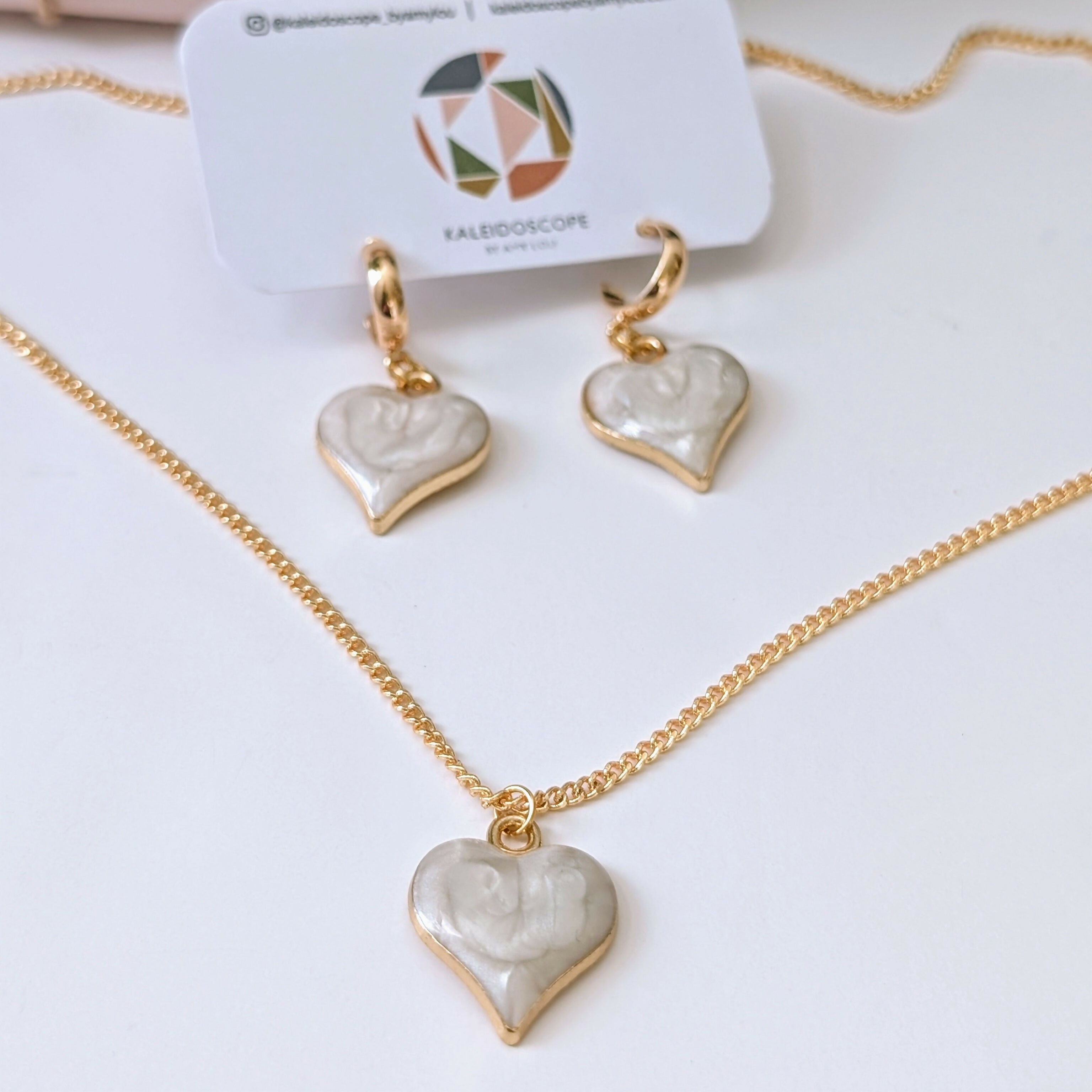 Cream Marbled Enamel Gold Heart Charm Necklace on a Gold Plated Chain