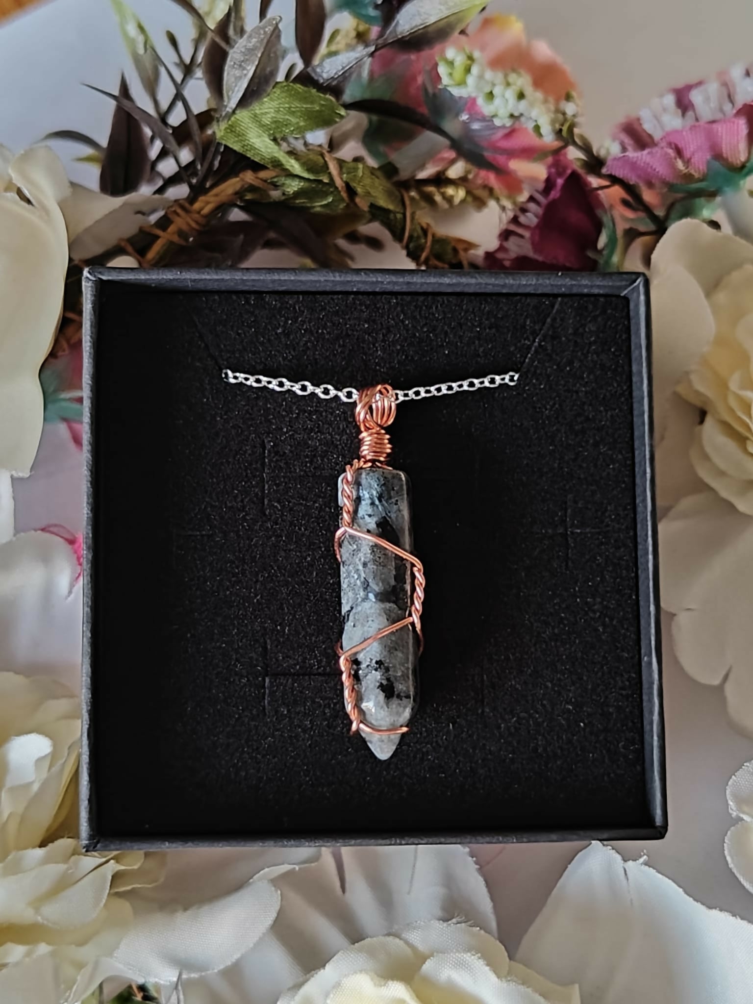 Labradorite Wire Wrapped Crystal Point Necklace on Sterling Silver Chain