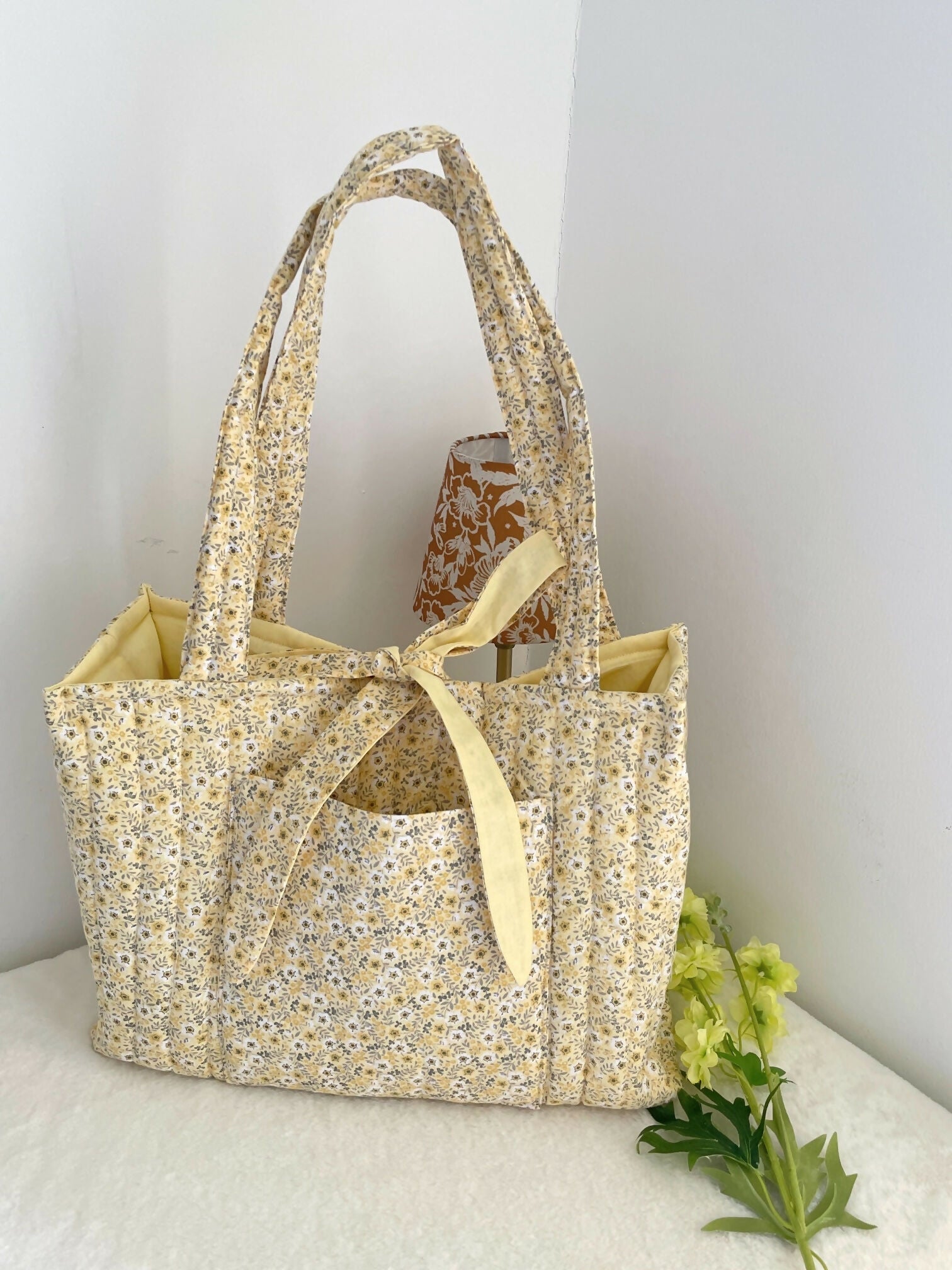 Quilted Tote Bag Yellow Ditsy with ribbon Closure Handmade