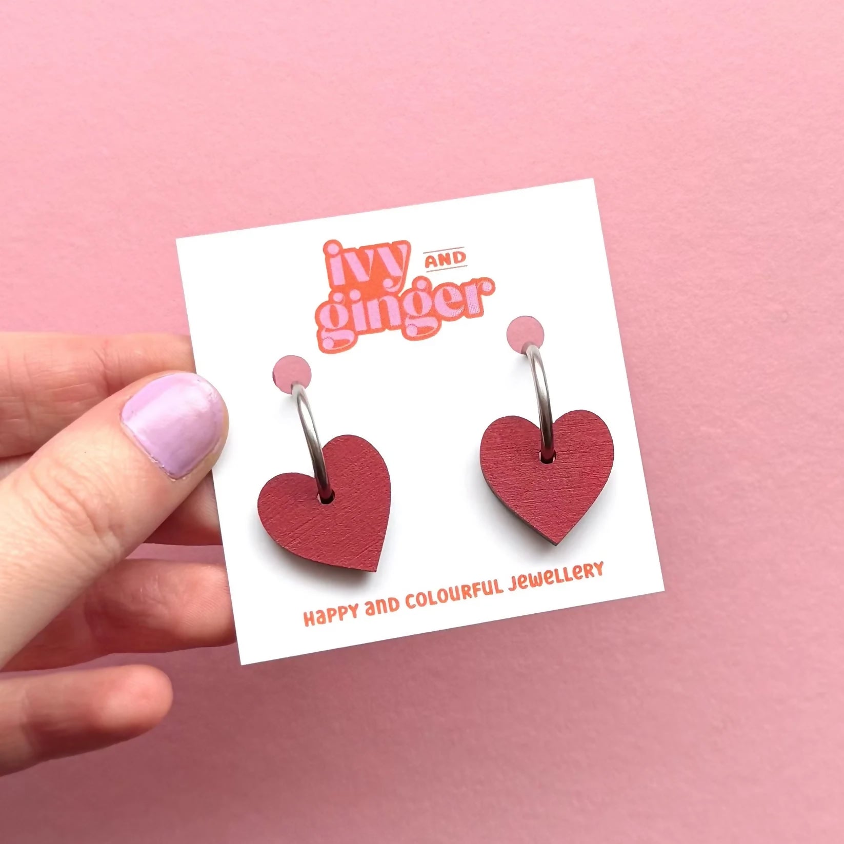 Hand Painted Deep Red Heart Shaped Hoop Earrings