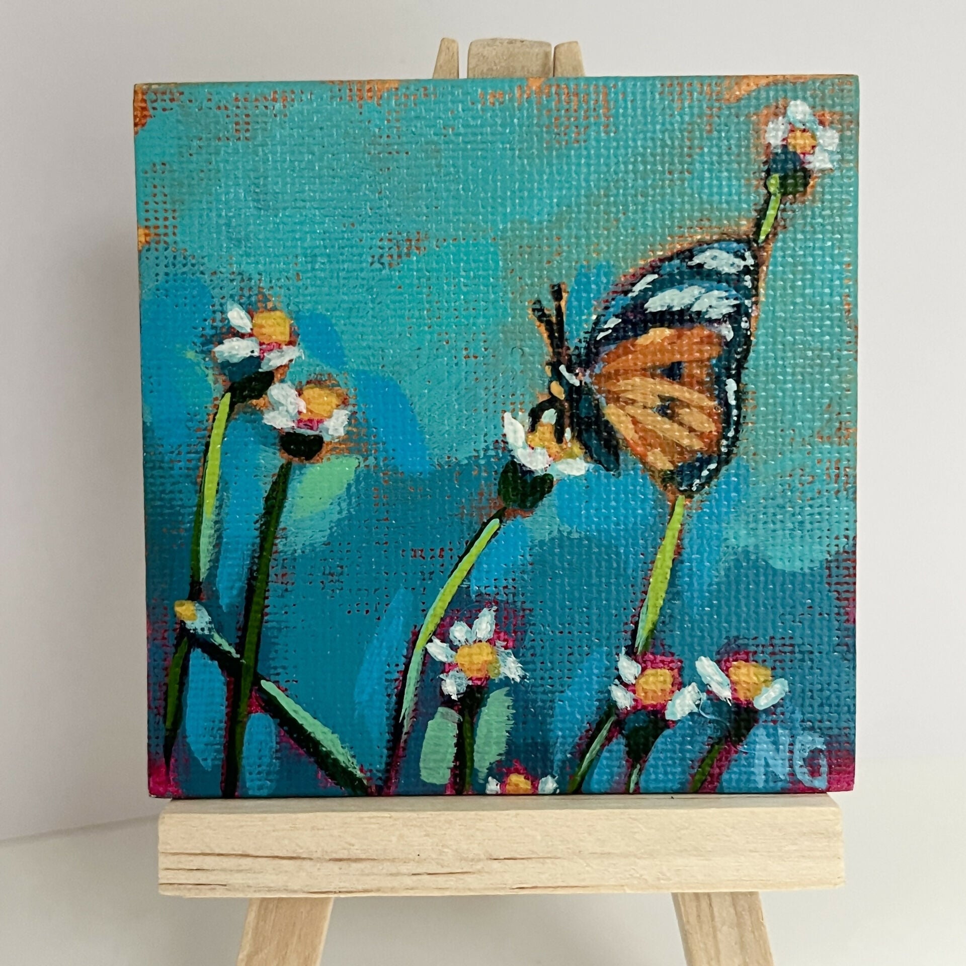 Hand Painted Butterfly Floral Mini Square Canvas Magnet