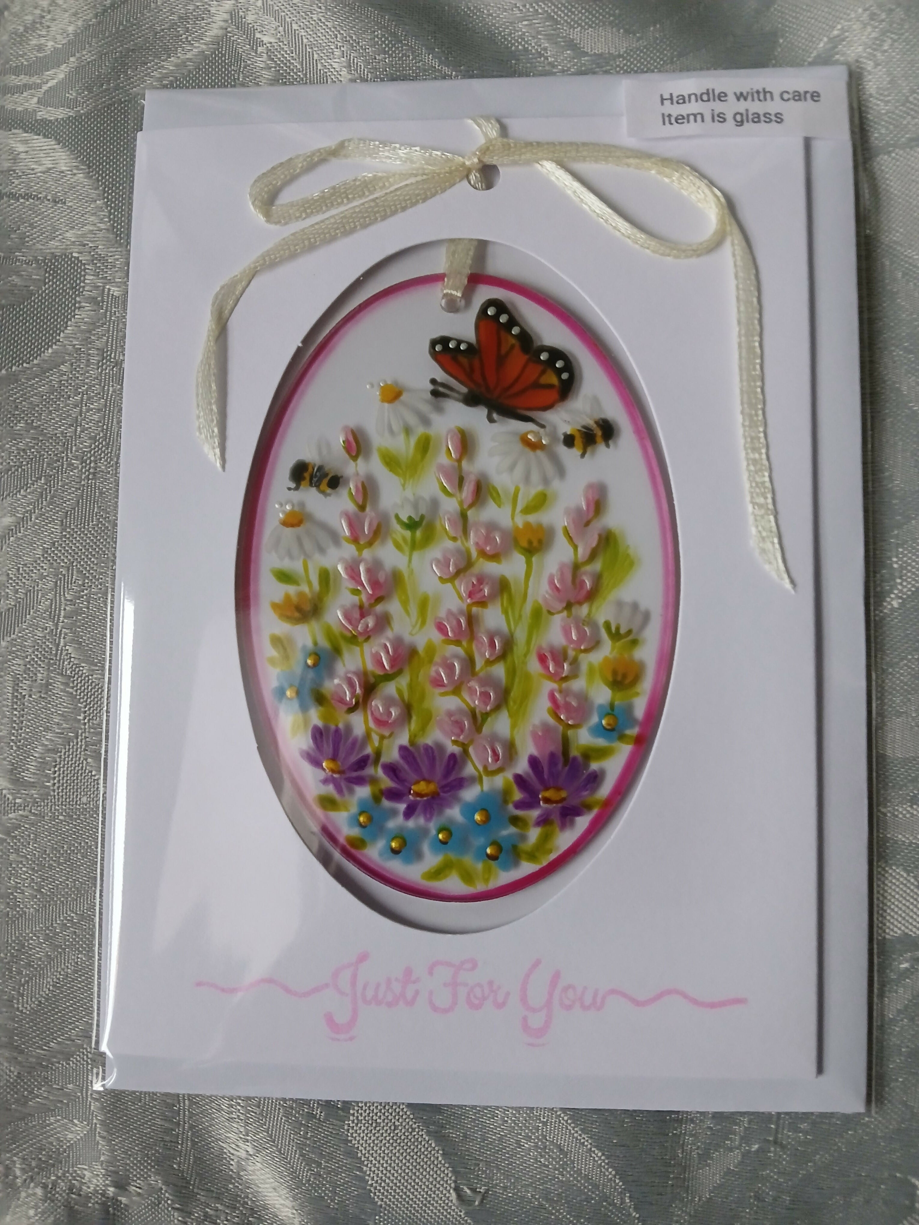 Hand Painted Glass Ovel Suncatcher with Flowers Card/Gift