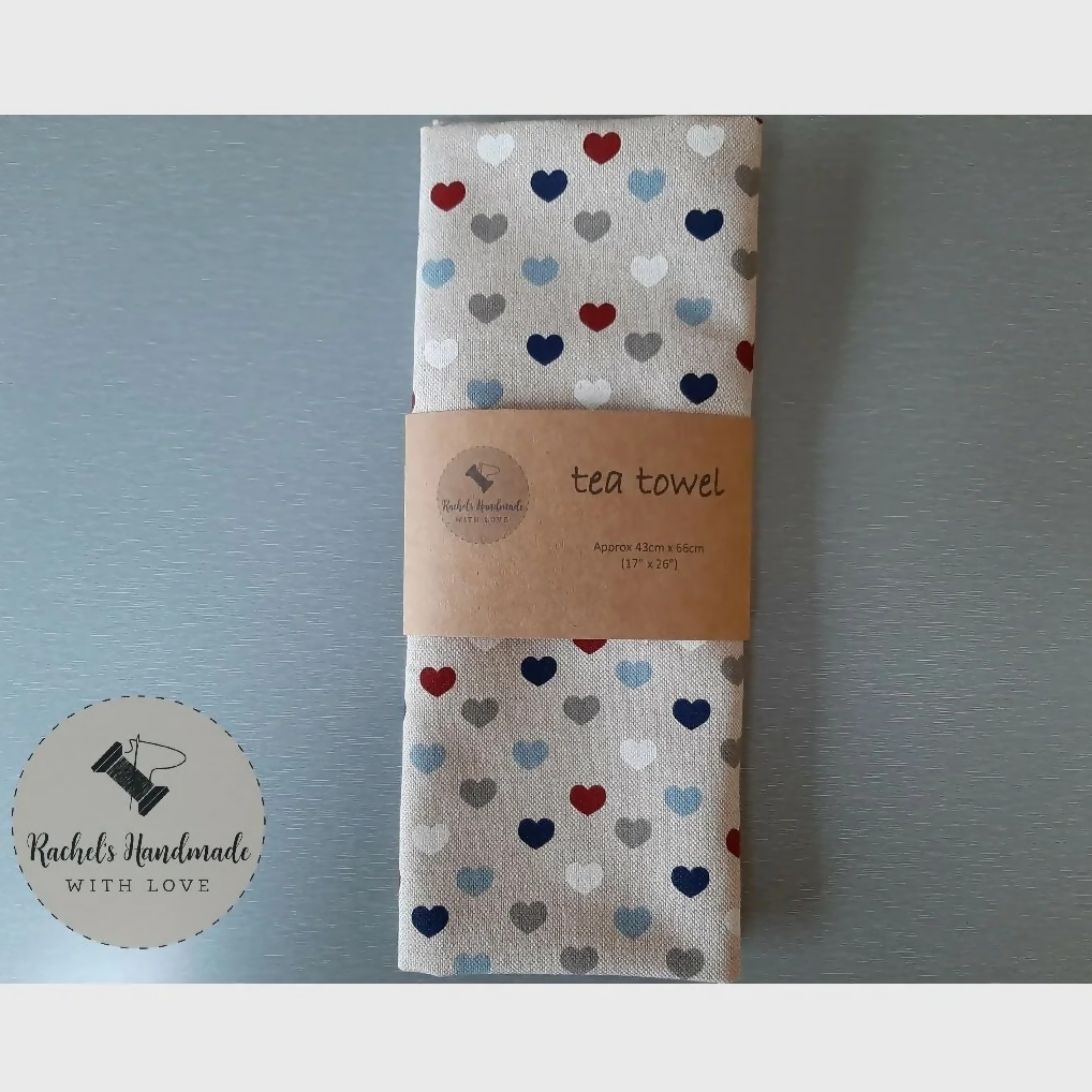 Handmade Heart Print Tea Towel, Nautical Red and Blue