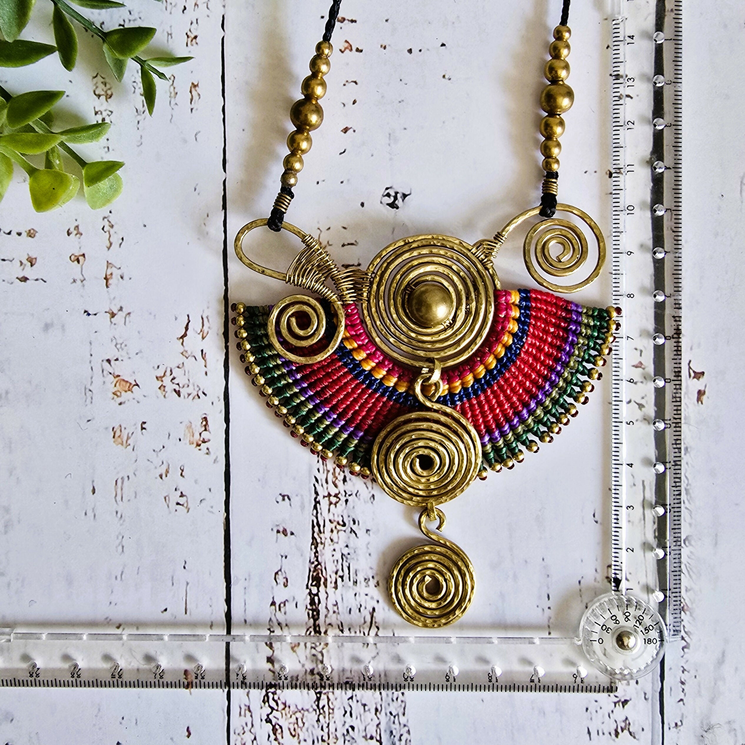 Sahara Necklace; Bold Rainbow Macramé Statement Pendant with Gold Spiral Wire Art