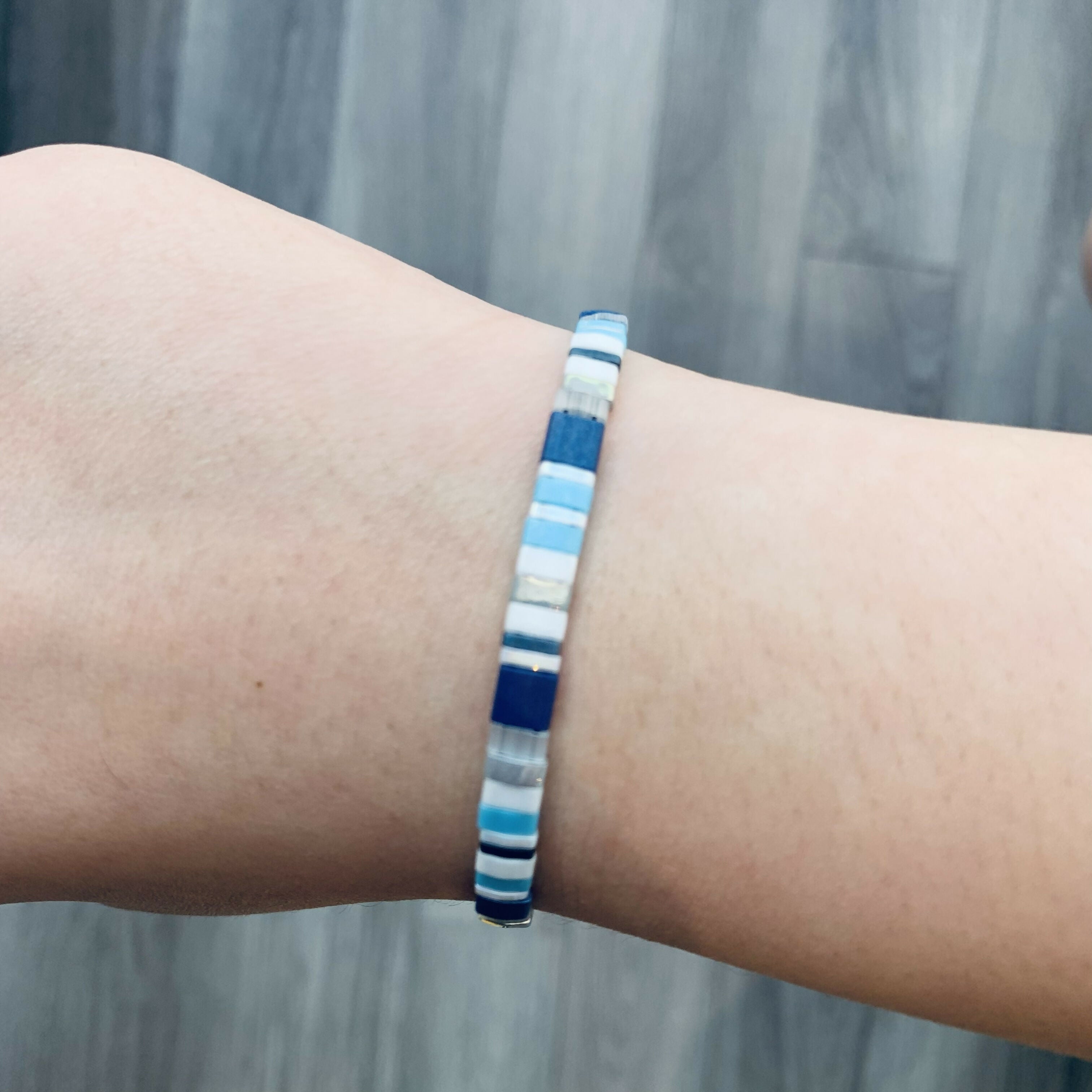 Japanese Tila Glass Bead Bracelet - Blue 185 mm to 195 mm