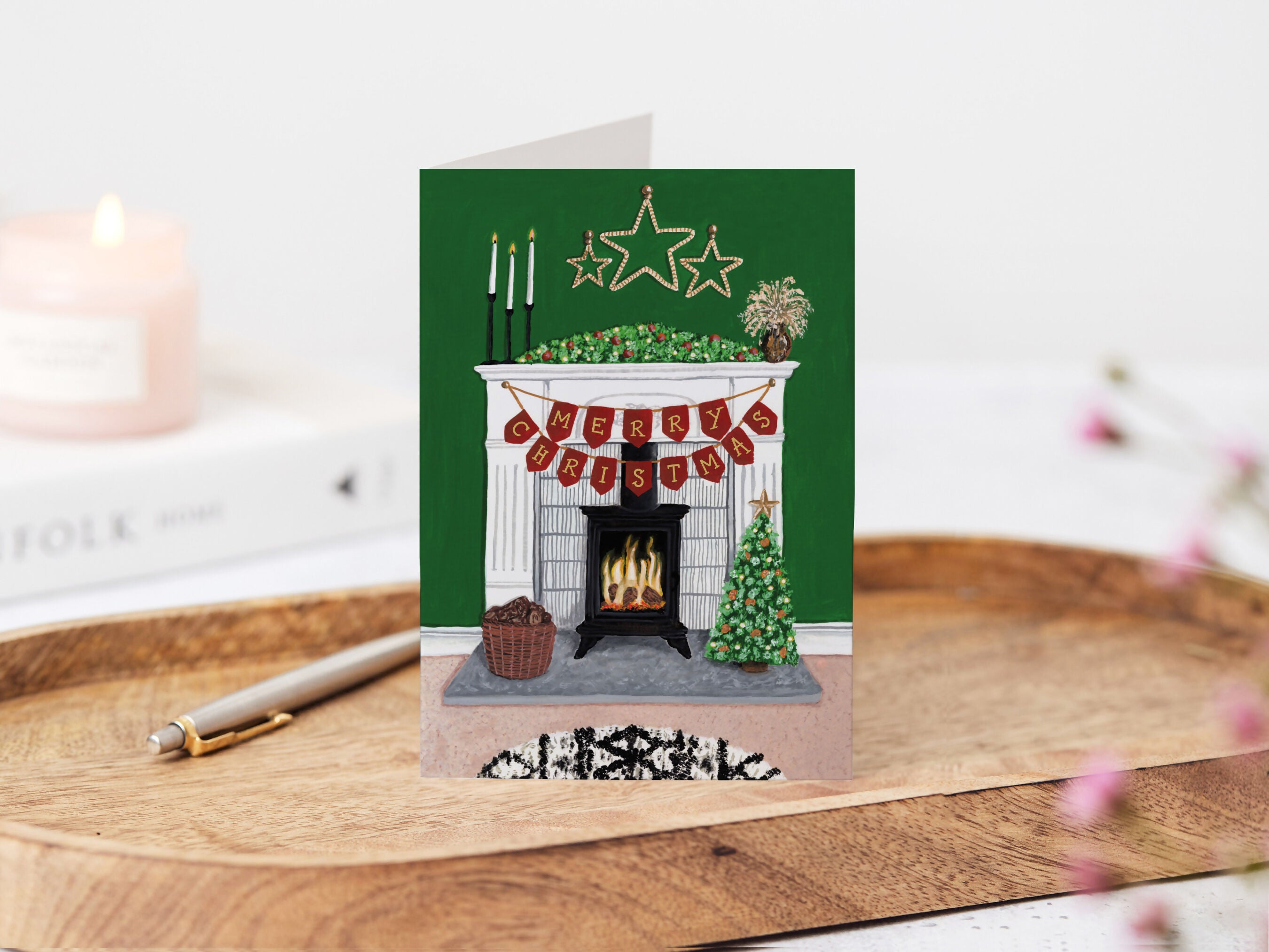 Green Fireplace Cosy Christmas Card A6